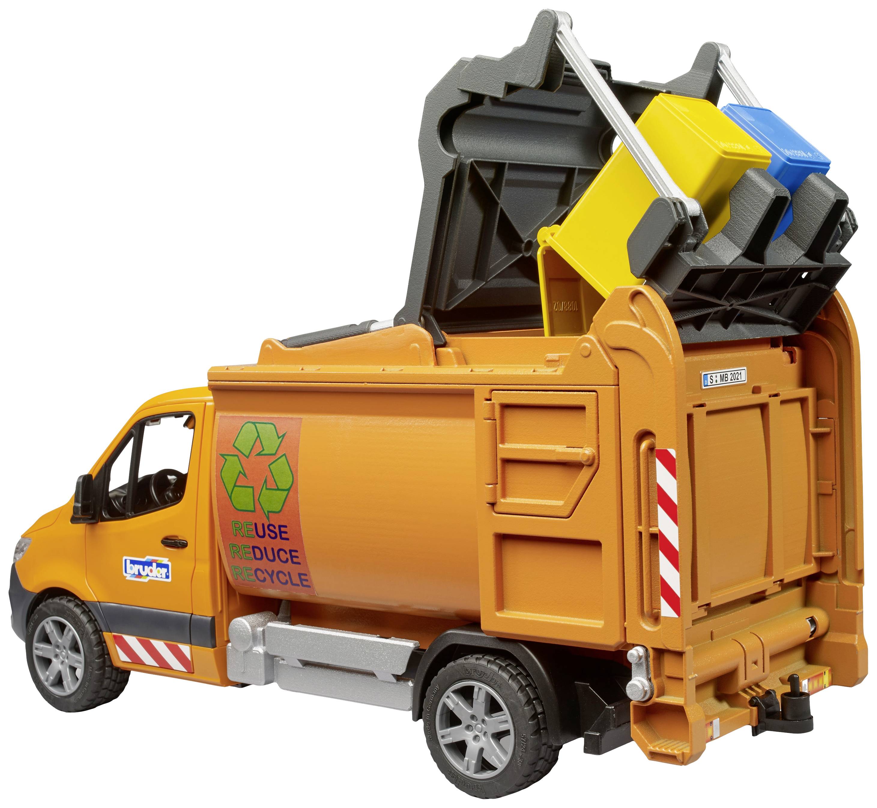 Spielzeug-Müllwagen in Orange und Schwarz, beladen mit blau-gelben Behältern. Aufschrift: 'Reuse, Reduce, Recycle'.