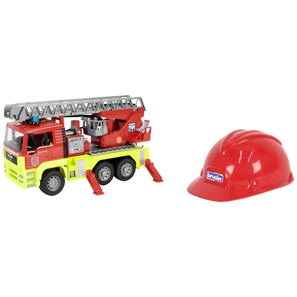 Bruder MAN TGA Feuerwehr Drehleiter + Feuwerwehr Spielhelm Fertigmodell Einsatzfahrzeug Modell Bruder MAN TGA Feuerwehr Drehleiter + Feuwerwehr Spielhelm Fertigmodell Einsatzfahrzeug Modell