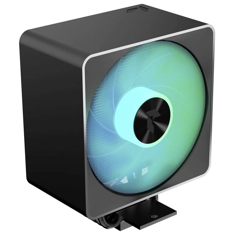 Ein quadratischer CPU-Kühler mit beleuchtetem Ventilator in blau-grüner Farbe. Der Kühler hat ein modernes, elegantes Design.