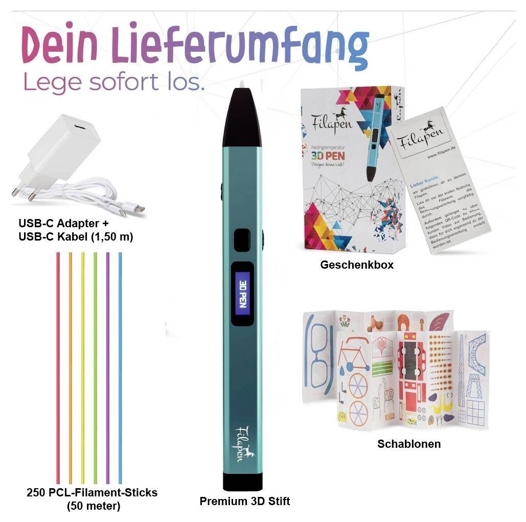 Abbildung des Lieferumfangs: Premium 3D-Stift, USB-C-Adapter mit 1,5-m-Kabel, 250 PCL-Filament-Sticks, Geschenkbox und Schablonen.