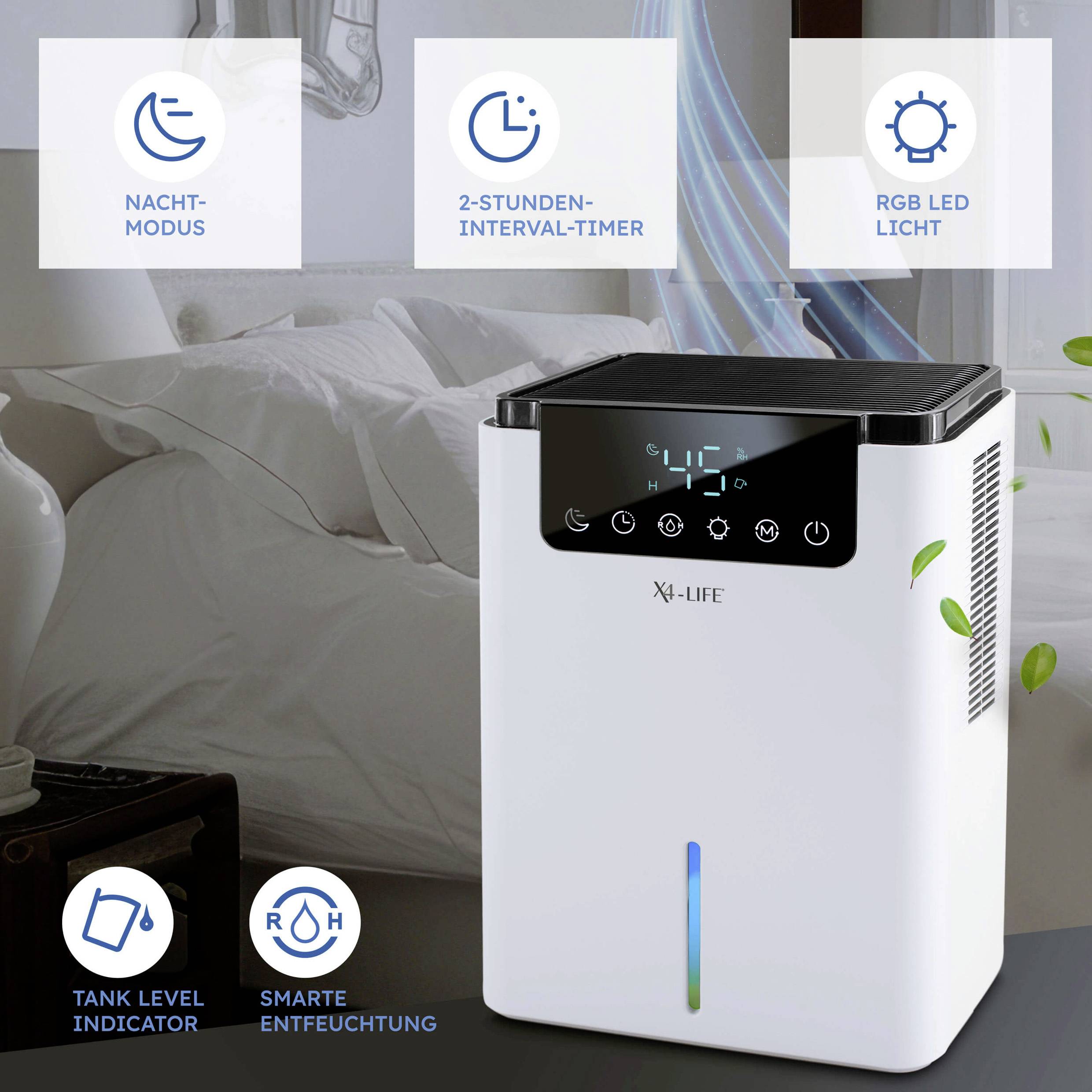 Ein Luftreiniger mit Nachtmodus, 2-Stunden-Intervall-Timer, RGB LED Licht und Feuchtigkeitsanzeige, steht vor einem Bett.