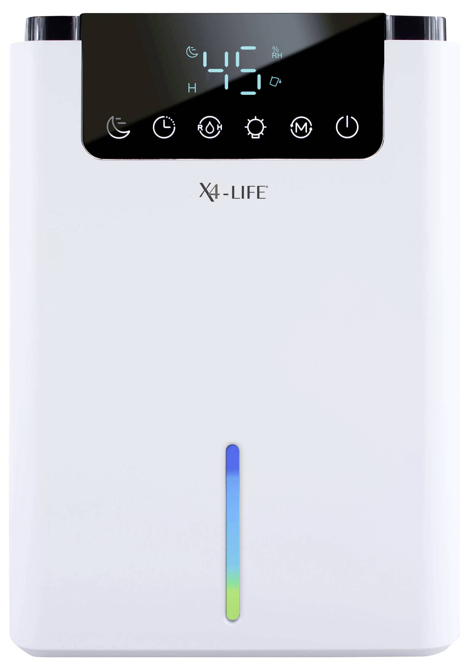 Luftentfeuchter mit digitalem Display zeigt 45% Luftfeuchtigkeit an. Fünf Bedienknöpfe und Wasserstandsanzeige sichtbar.