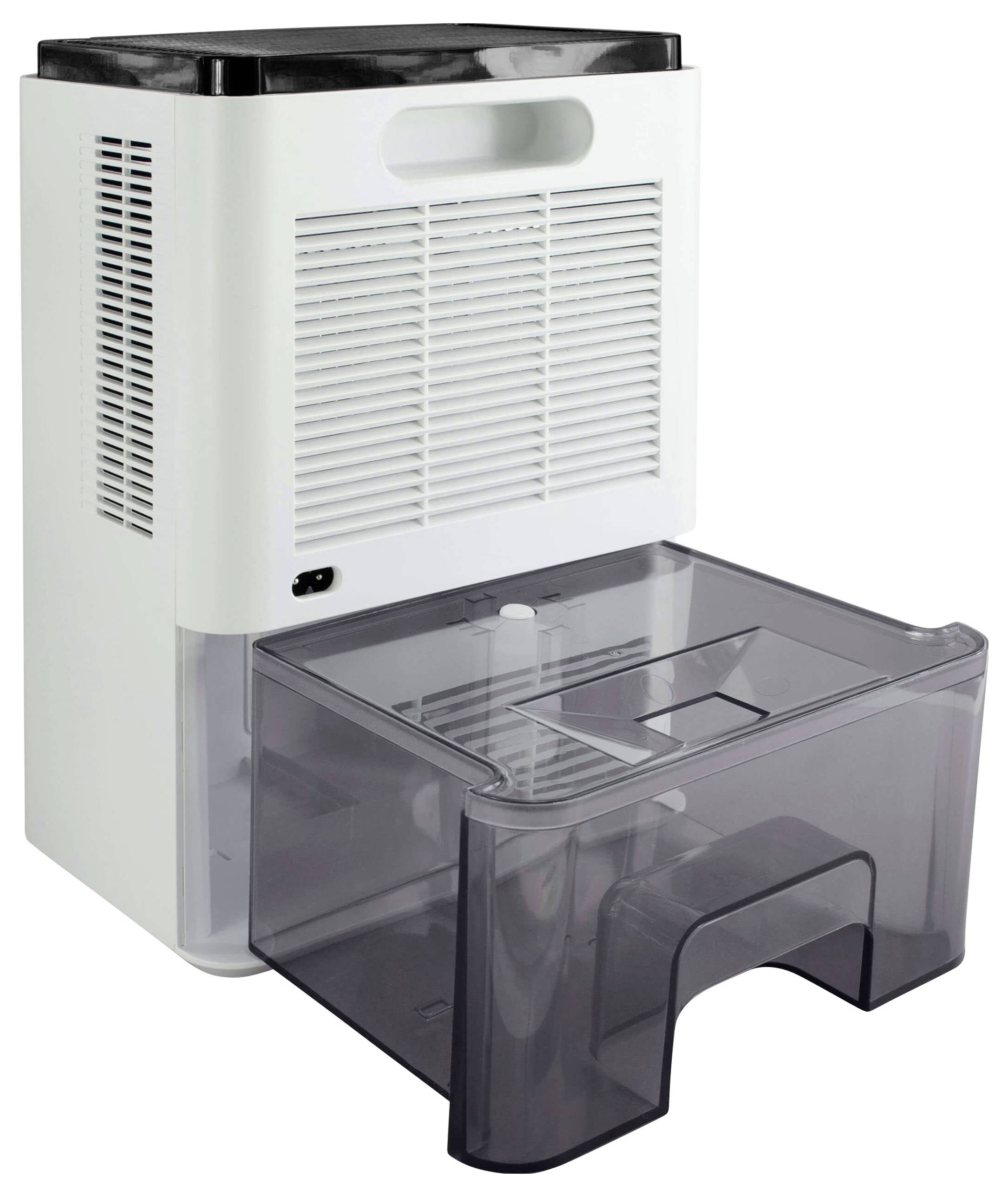 Ein weißer Luftentfeuchter mit einem herausziehbaren Wasserbehälter an der Vorderseite. Das Gerät steht aufrecht auf einer weißen Oberfläche.