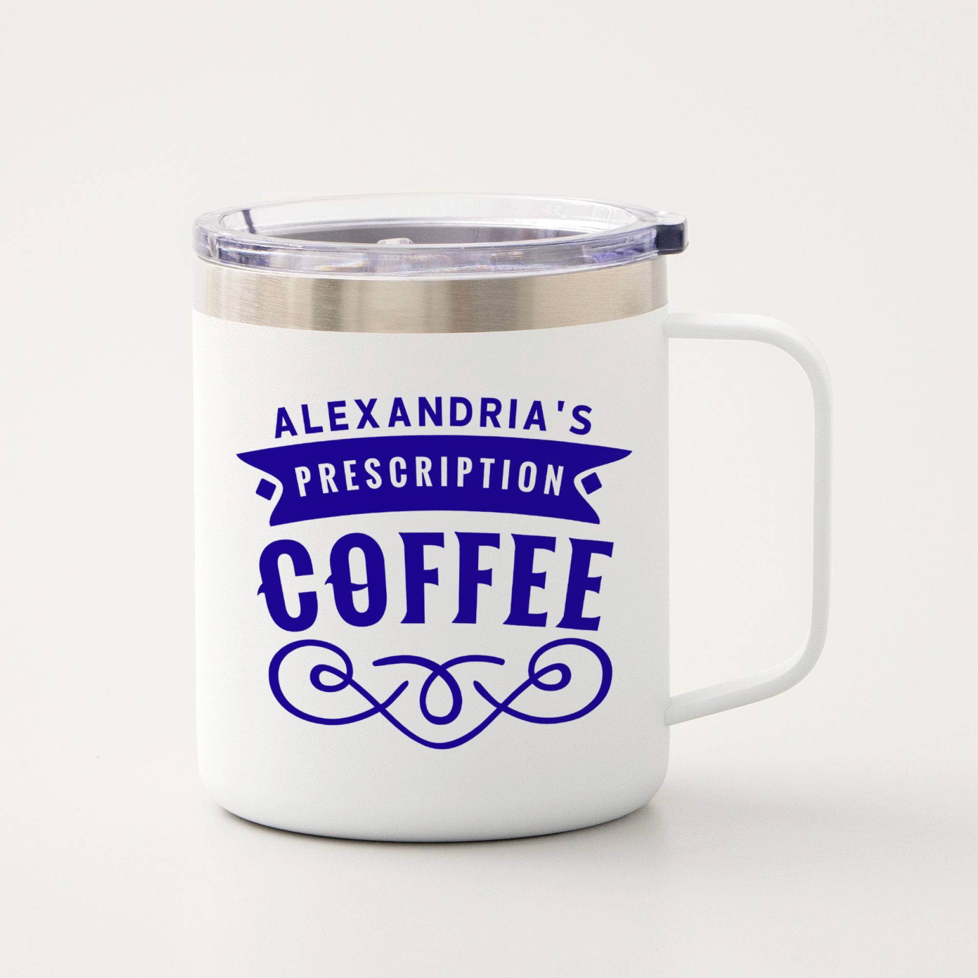 Weiße Tasse mit blauem Aufdruck: 'Alexandria's Prescription Coffee'.