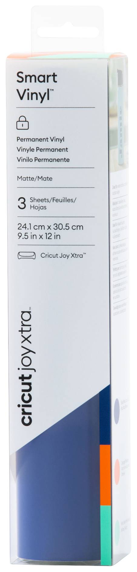 Verpackung von 'Smart Vinyl' für Cricut Joy Xtra, enthält 3 Bögen permanenten Vinyls, matt, 24,1 cm x 30,5 cm.