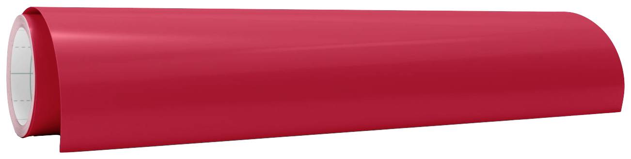Eine große rote Rolle aus glänzendem Material liegt horizontal auf weißem Hintergrund.