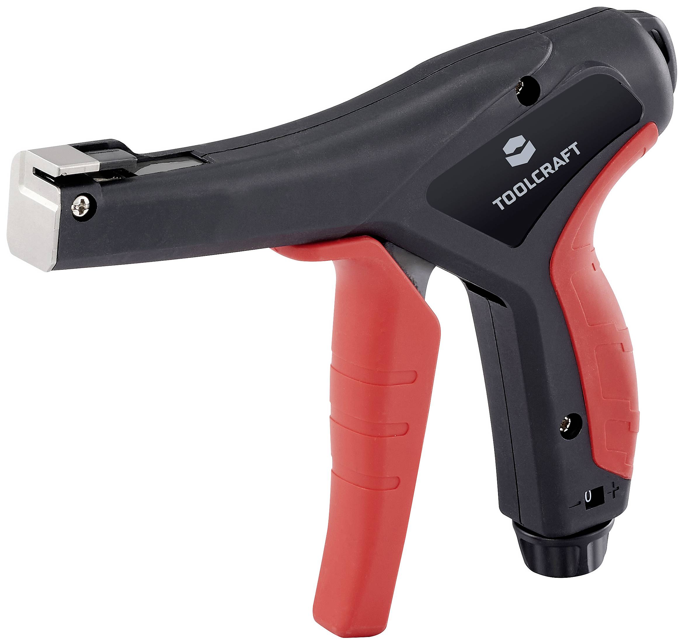 Kabelbinderpistole mit ergonomischem Griff, schwarzem Gehäuse und rotem Griff. Marke 'Toolcraft' auf der Seite sichtbar.