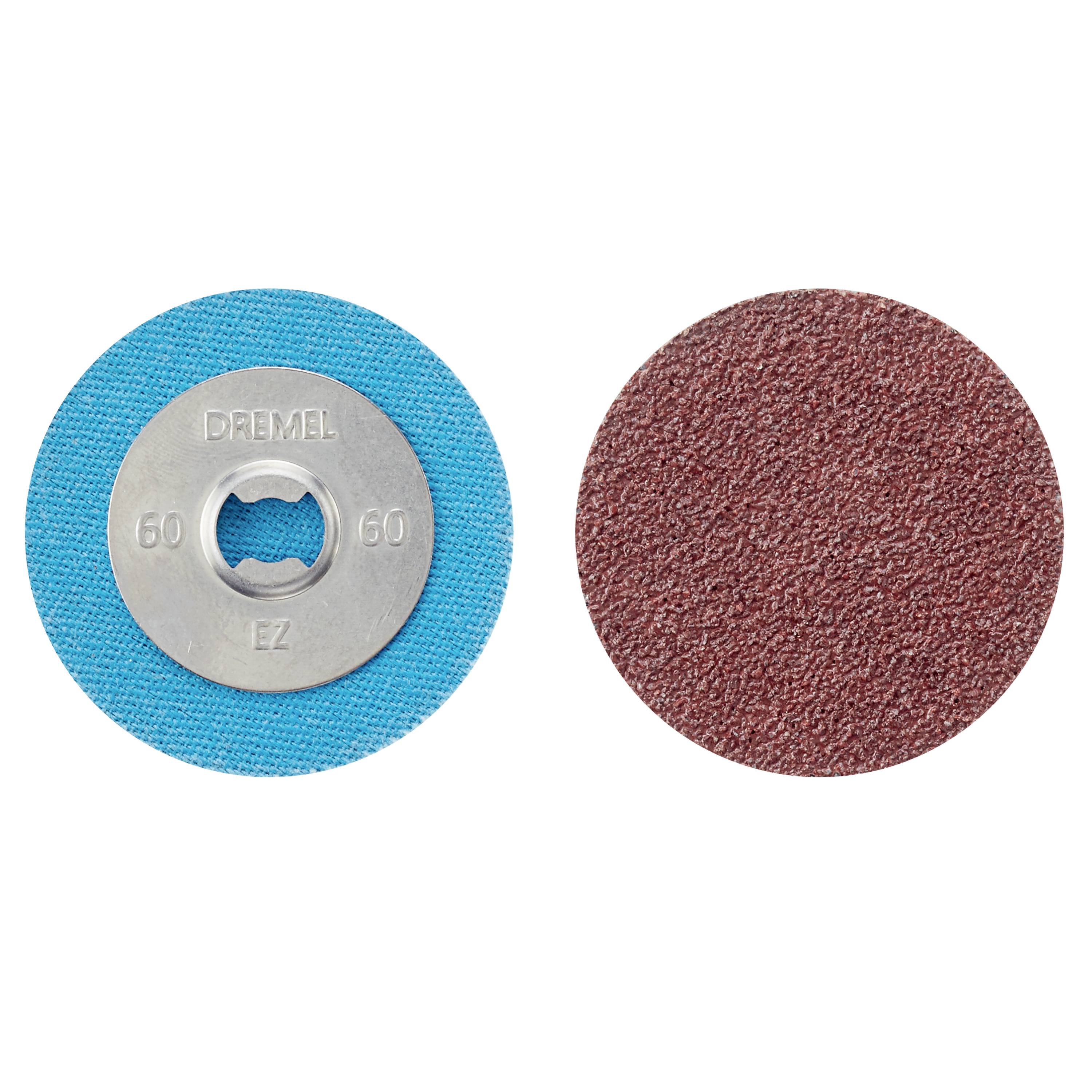 Zwei Schleifscheiben: Links eine blaue Scheibe mit Metallmitte, rechts eine rötliche, texturierte Scheibe.