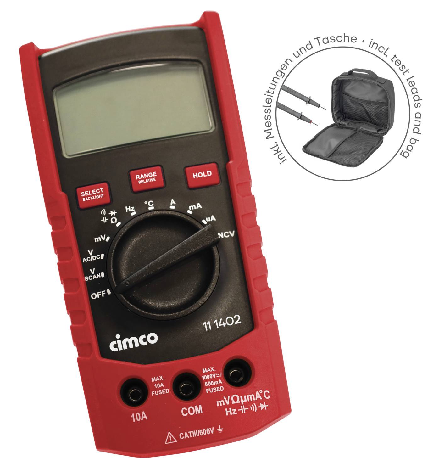 Digitalmultimeter in Rot mit großem Display und Drehschalter für verschiedene Messfunktionen. Beinhaltet Messleitungen und Tasche.