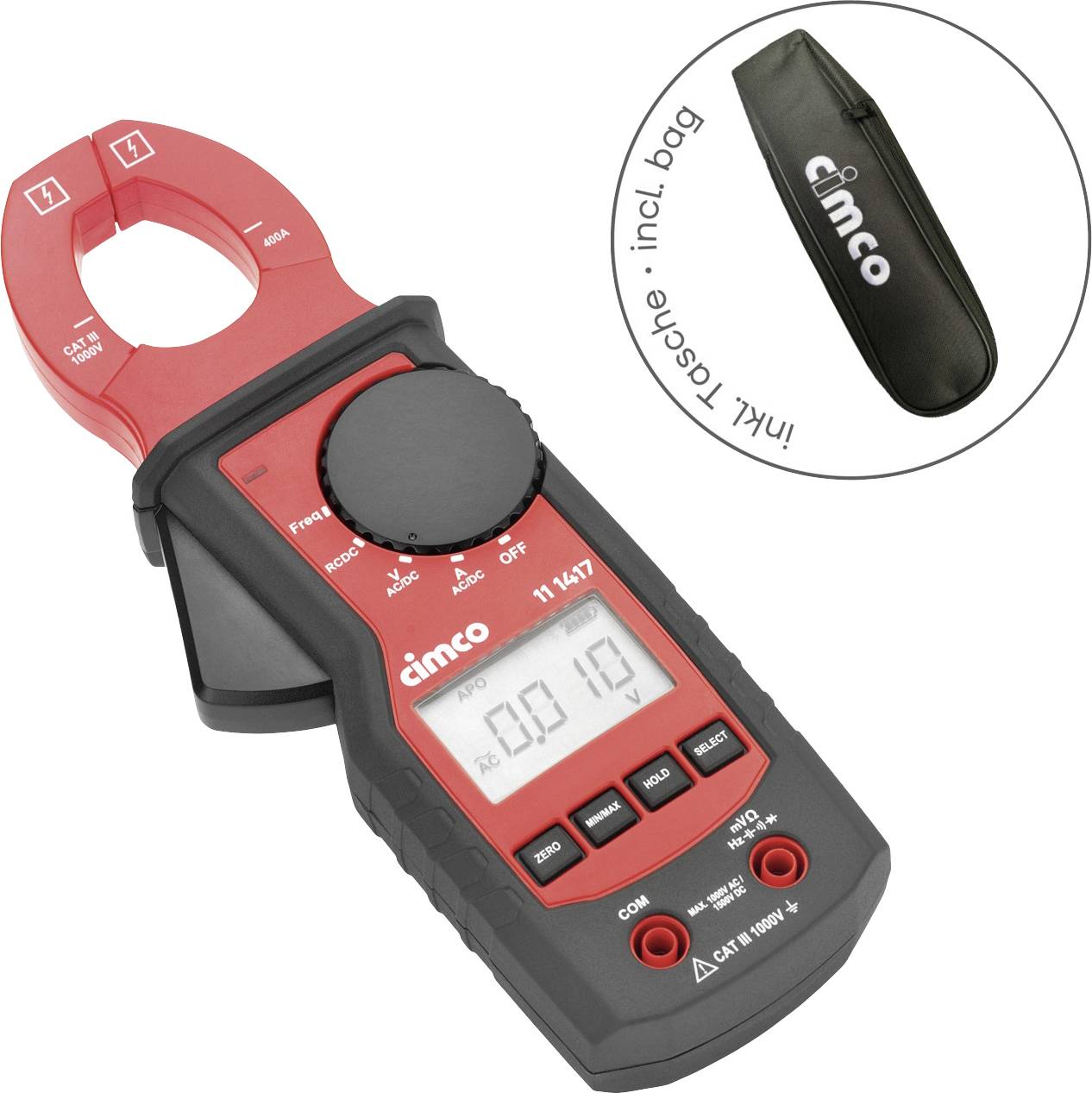 Zangenmessgerät mit digitalem Display, zeigt '0.0' an, rotes und schwarzes Design. Tasche mit 'cimco' Logo rechts.