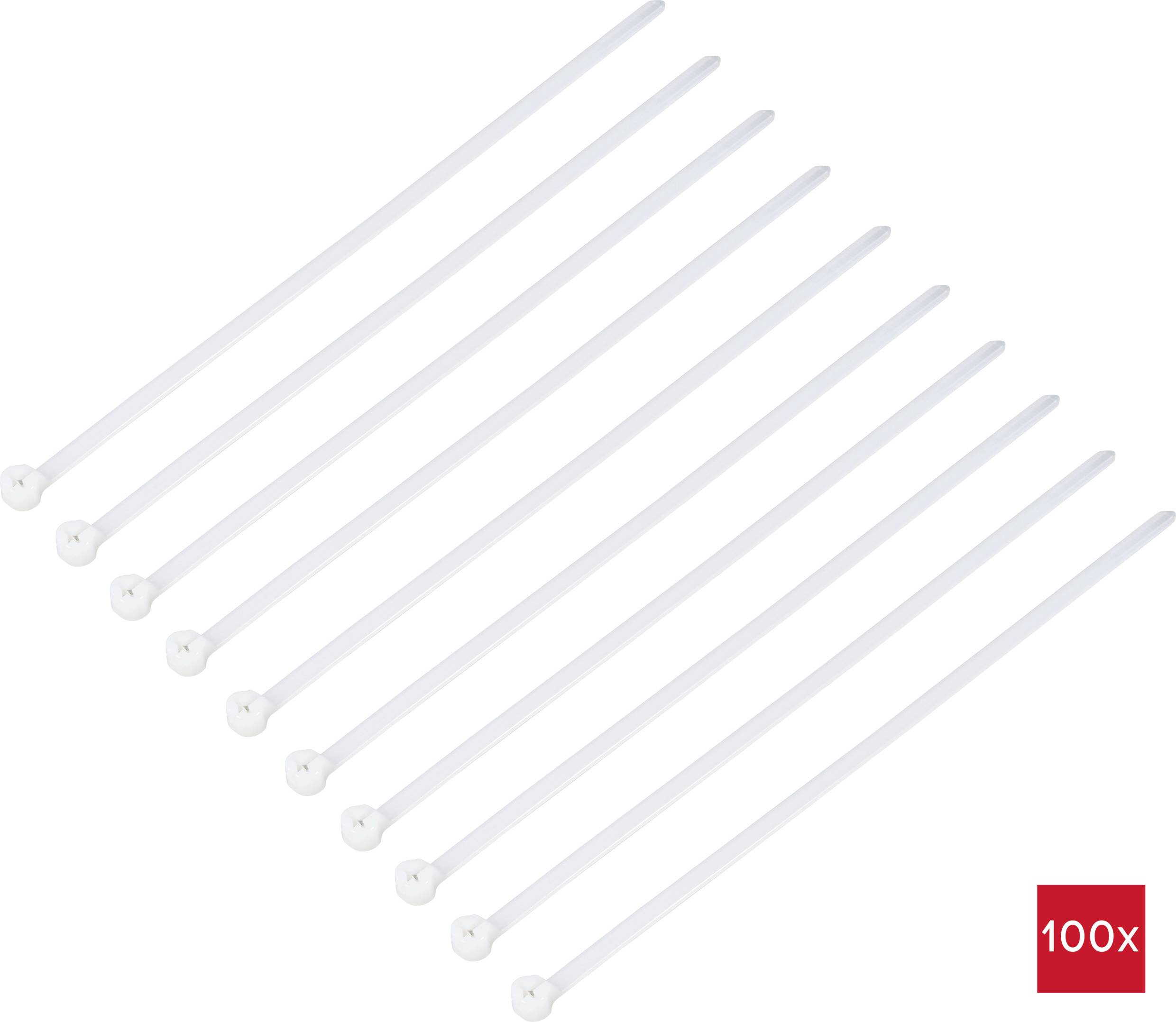 Zehn weiße Kabelbinder, nebeneinander angeordnet, mit einer Länge von etwa 20 cm. In der Ecke befindet sich ein rotes Feld mit '100x'.