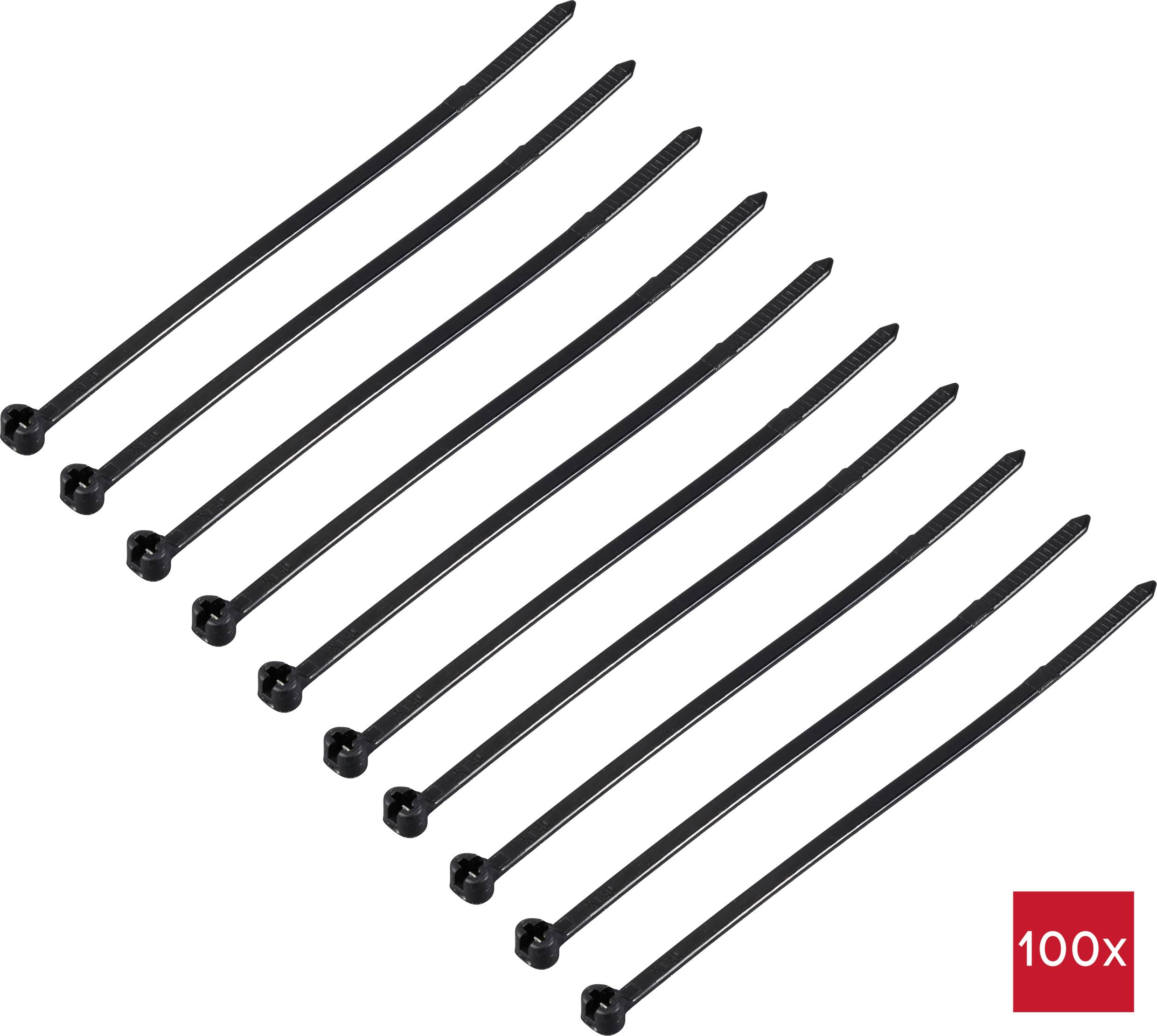 TRU COMPONENTS TC-12814184 Kabelbinder 100mm 3mm Schwarz mit Metallzunge, UV-Witterungsstabil 100St.