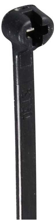 Ein schwarzer Kabelbinder aus Kunststoff auf weißem Hintergrund, mit leicht geneigtem Kopf und sichtbarem Verschlussmechanismus.