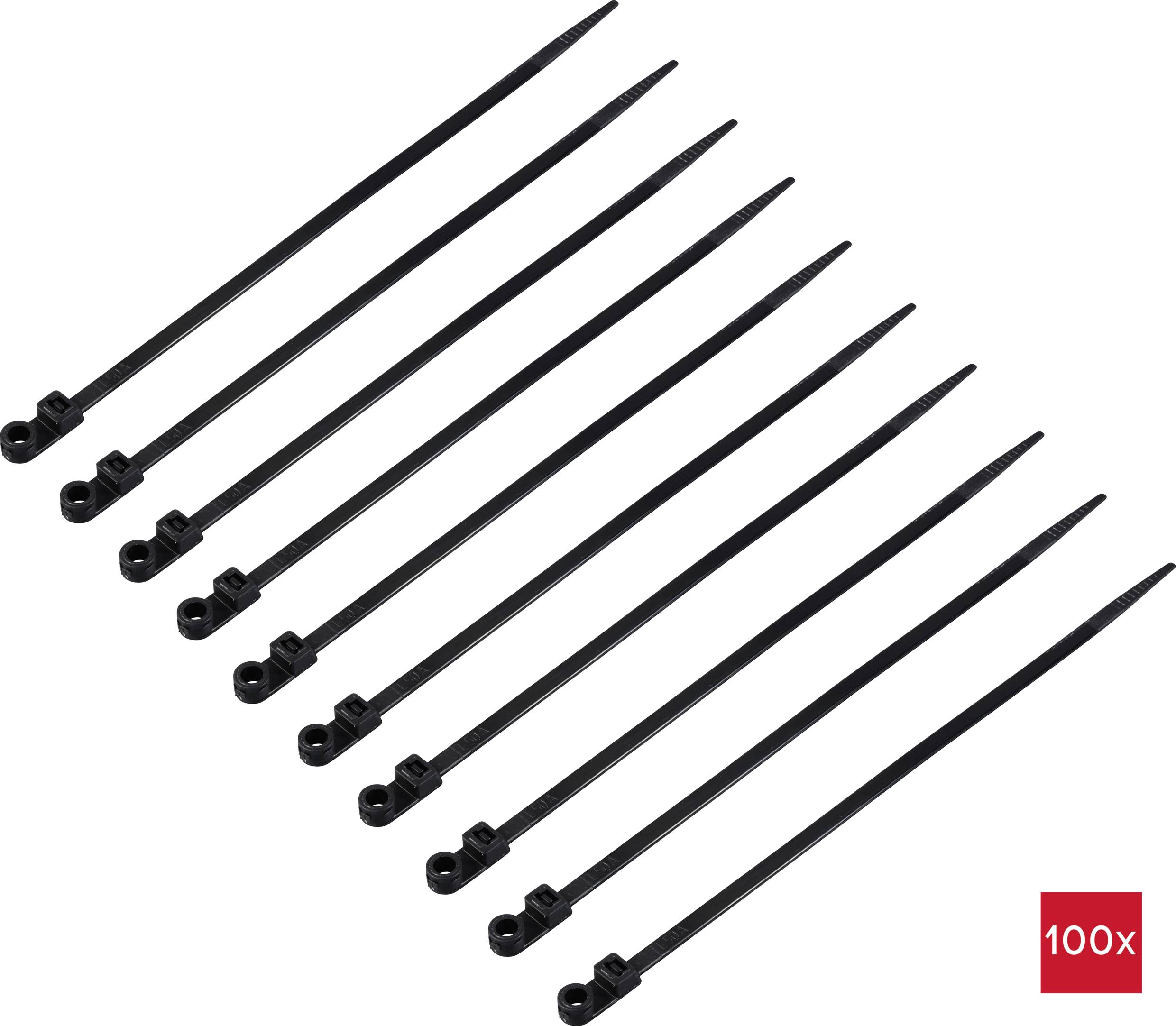 TRU COMPONENTS TC-12814208 Kabelbinder 200mm 4.8mm Schwarz mit Schraubsockel, UV-Witterungsstabil 100St.