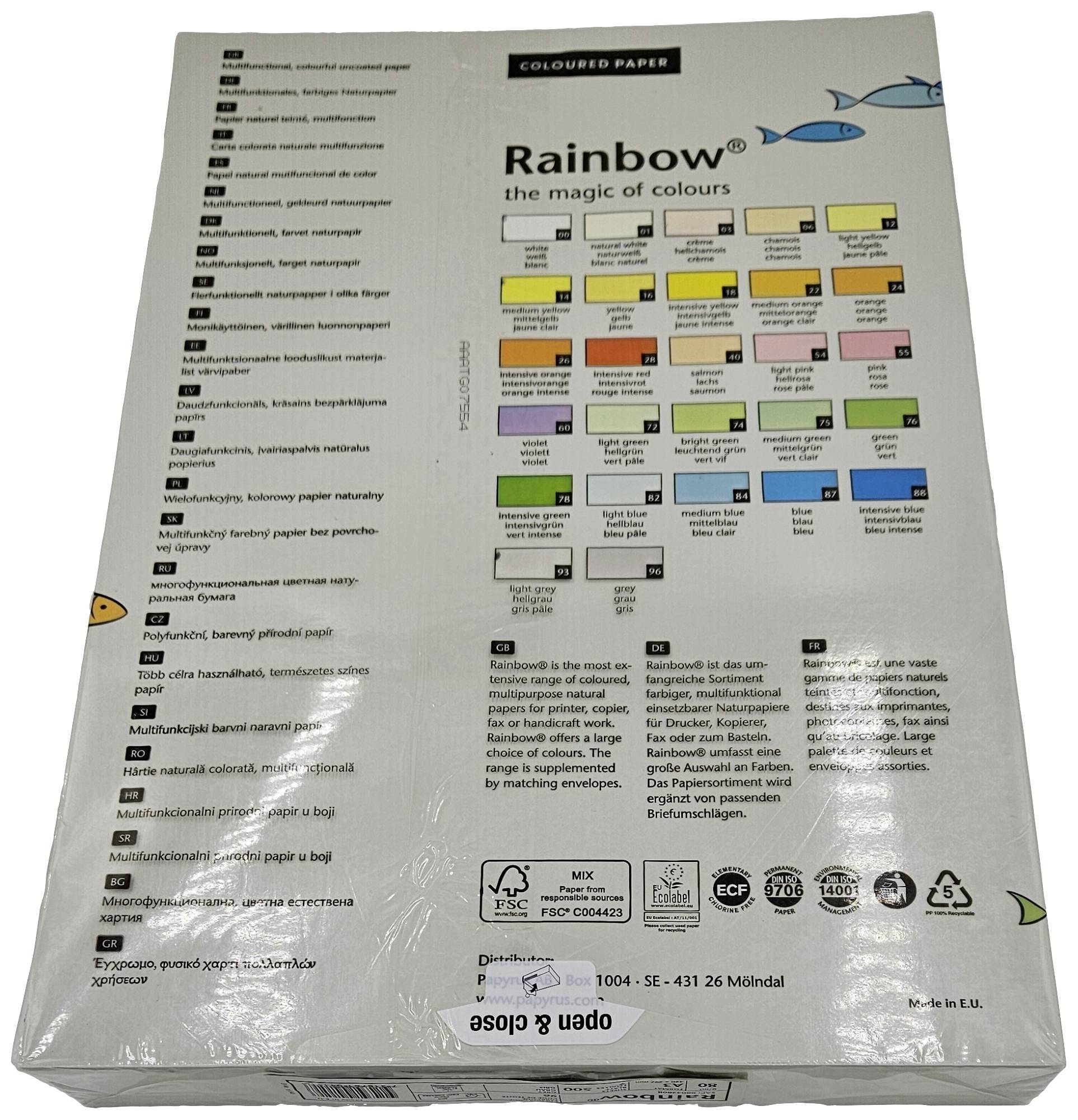 Verpackung für buntes Papier mit einem Diagramm verschiedener Farben und deren Namen. Enthält Logos für Zertifizierungen und Recycling.