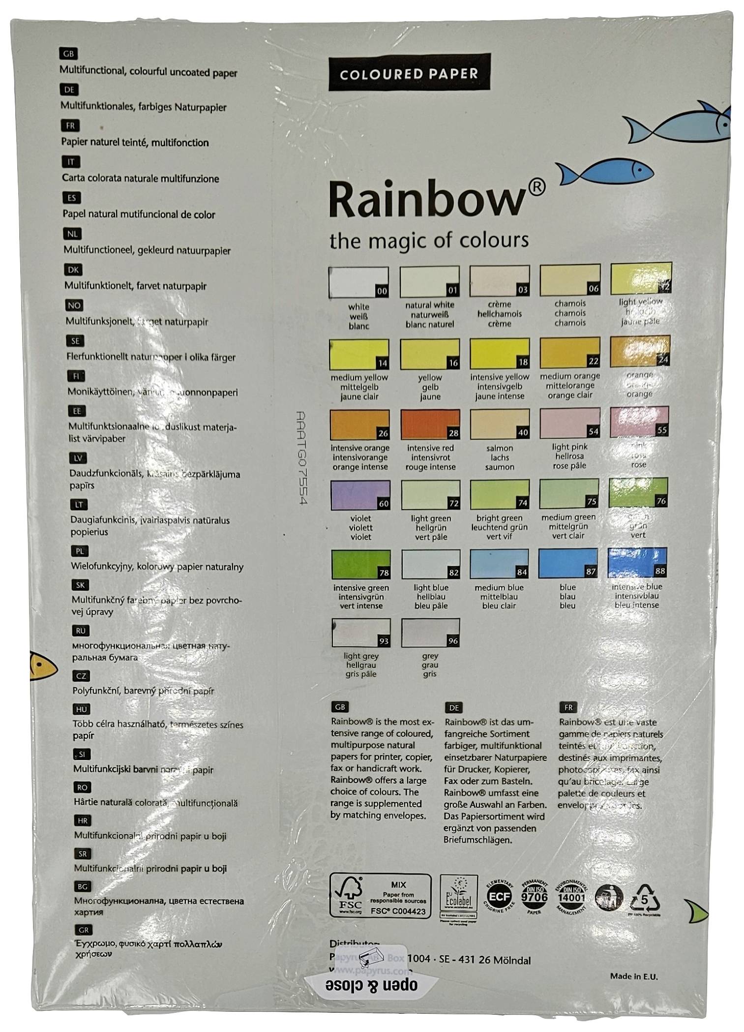 Bunte Packung mit verschiedenen Papierfarben. Oben der Text 'Rainbow - the magic of colours'. Enthält Farbmuster und Beschreibungen.