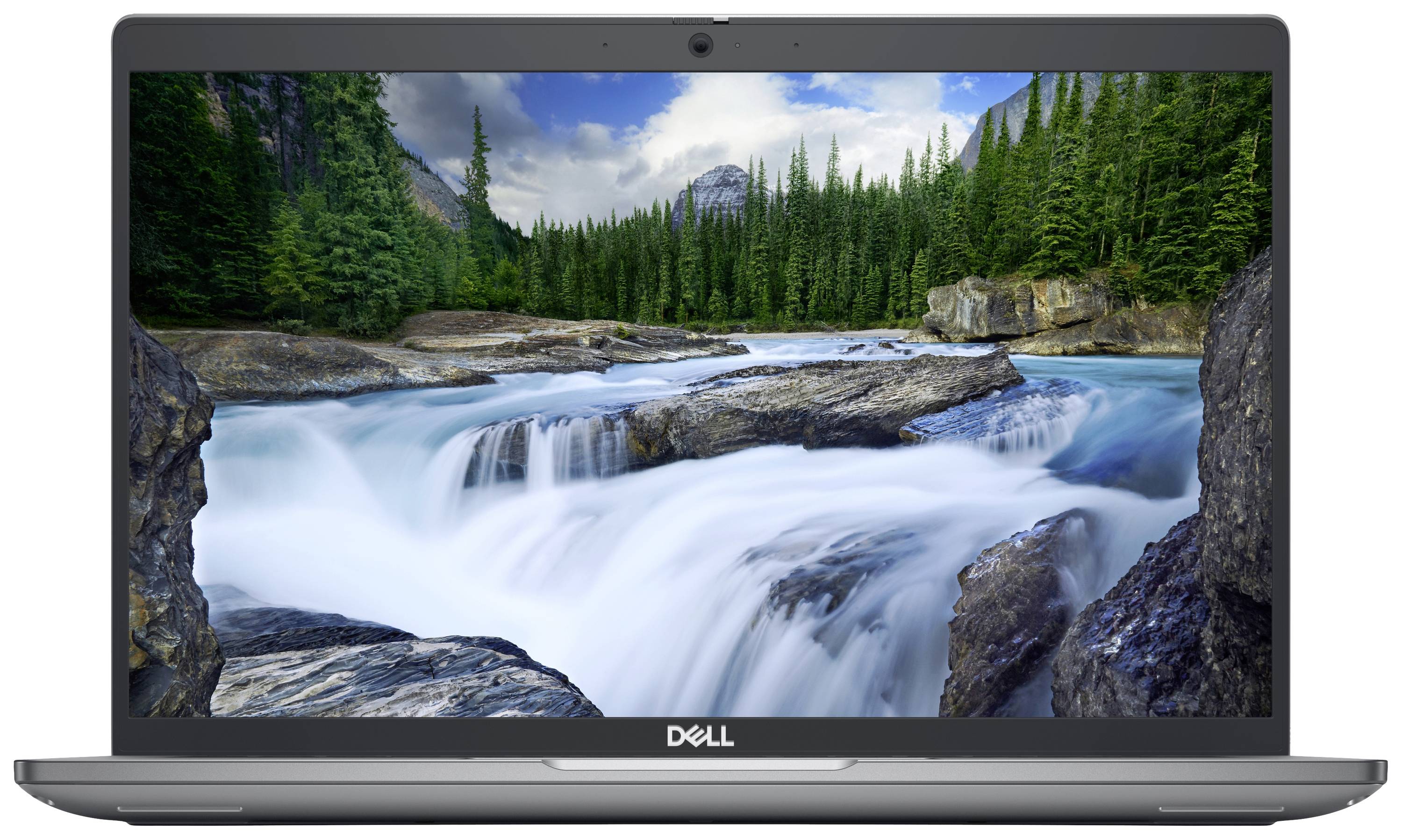Ein Laptop-Bildschirm zeigt einen Wasserfall in einem bewaldeten Gebirge bei Tageslicht, mit bewölktem Himmel im Hintergrund.
