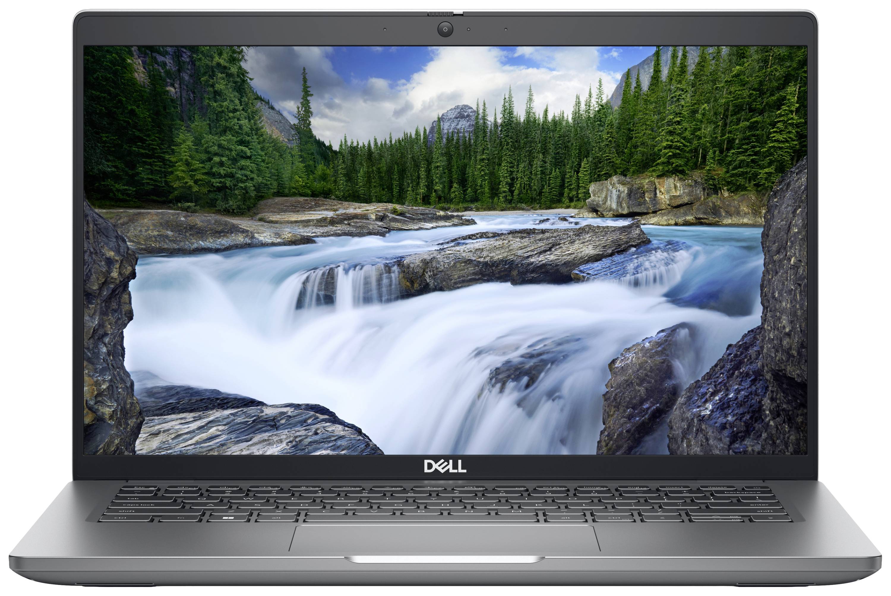 Ein Laptop mit einem offenen Bildschirm, der einen Fluss und bewaldete Berge zeigt. Der Laptop hat eine graue Tastatur und ein Dell-Logo.
