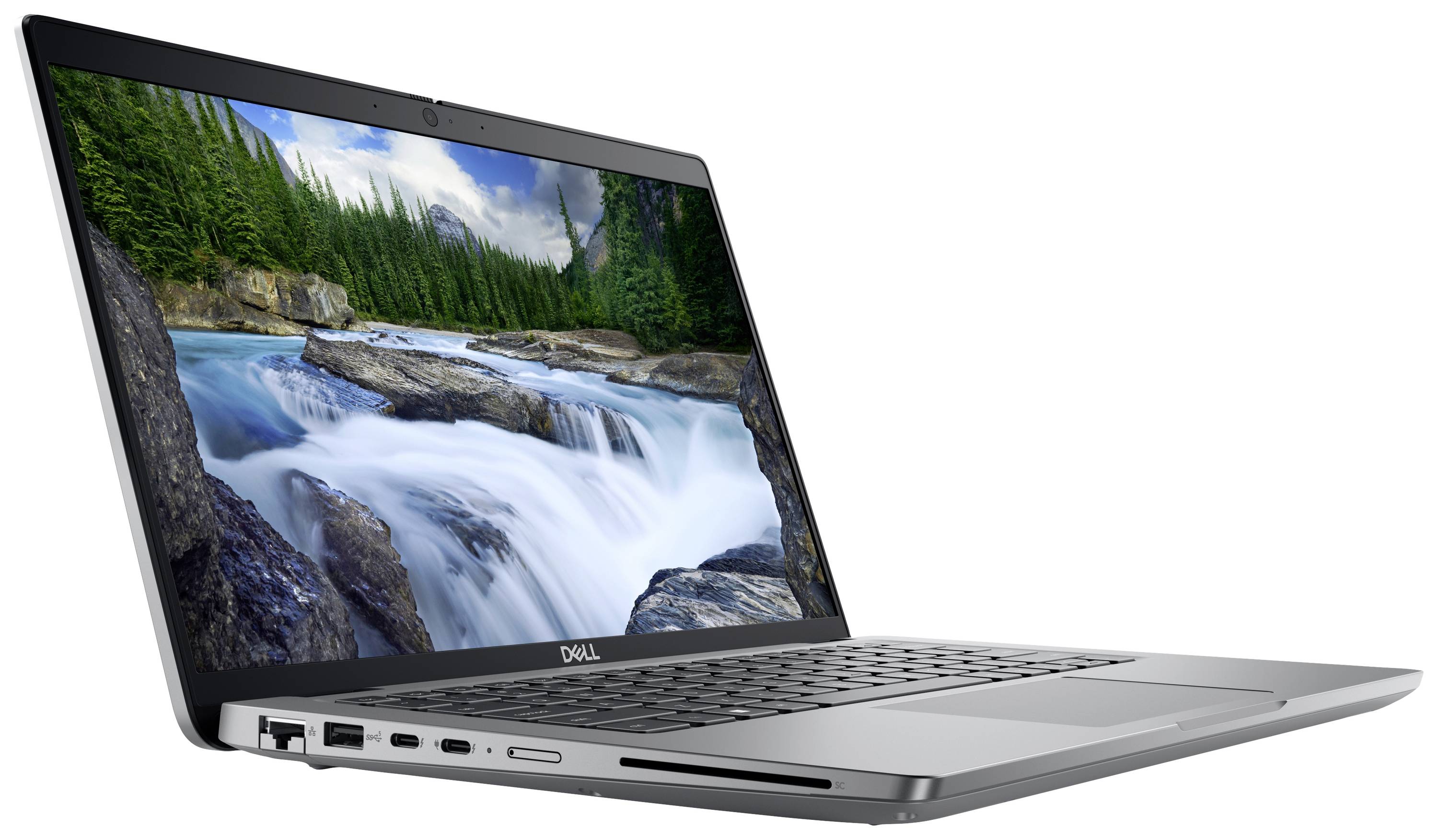 Laptop mit geöffnetem Bildschirm, der einen Wasserfall in einem Wald zeigt. Gerät hat mehrere Anschlüsse an der Seite.