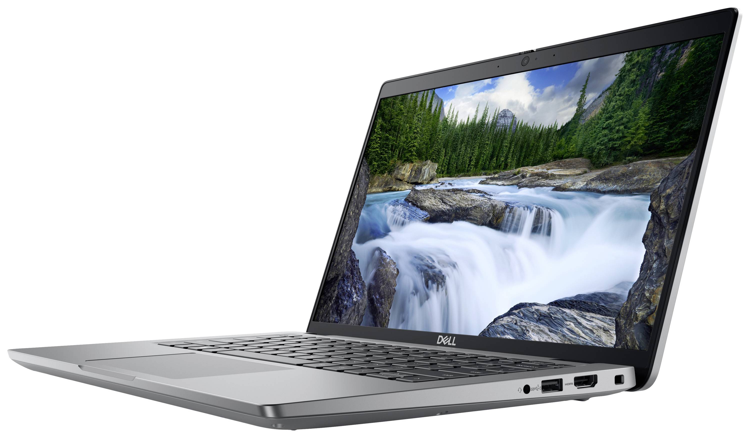 Ein geöffneter Laptop zeigt einen Bildschirm mit einem Bild von einem Fluss, der durch einen Wald fließt. Das Gerät ist silbern.