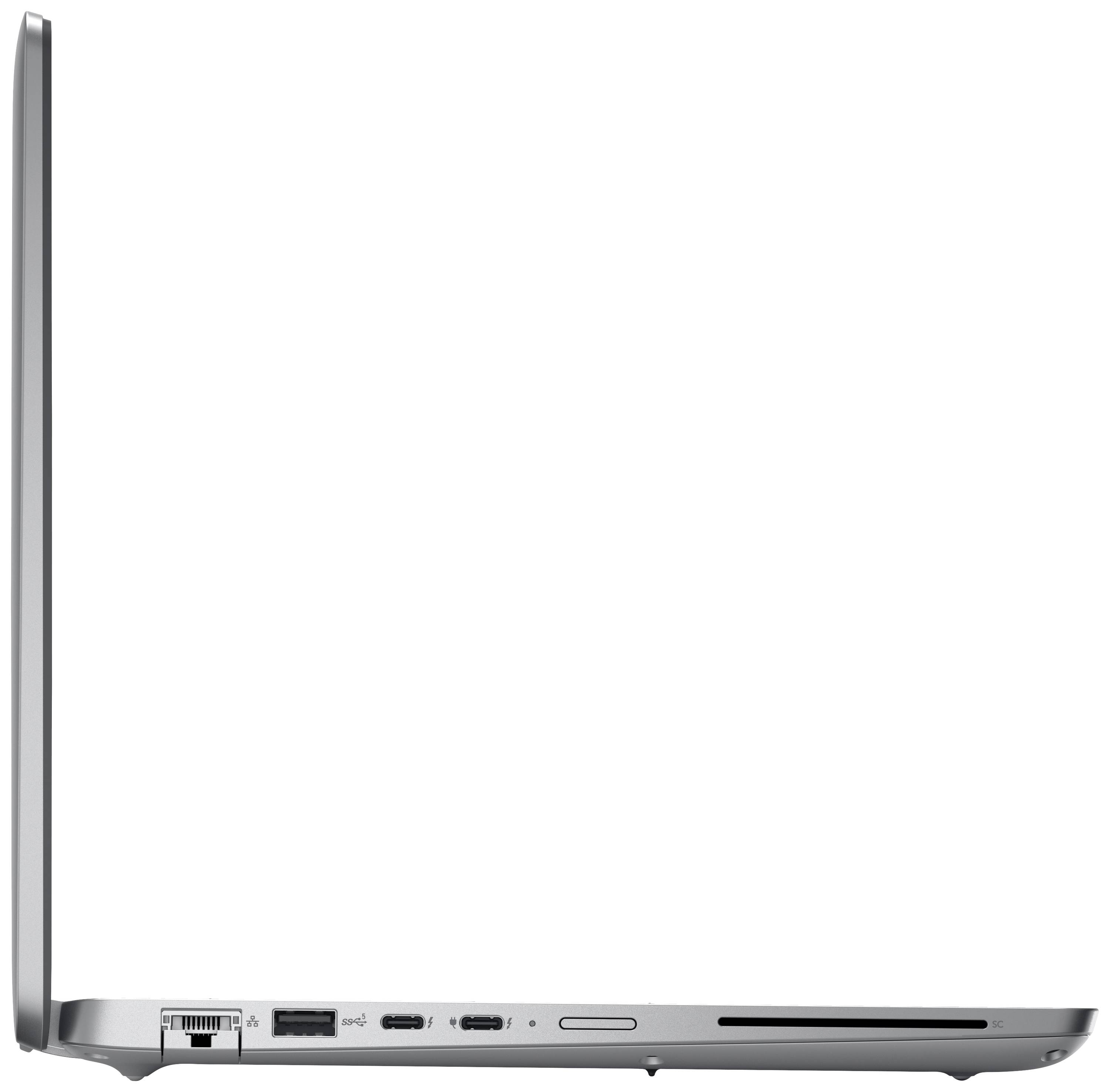 Seitliche Ansicht eines dünnen, modernen Laptops in Silber mit verschiedenen Anschlussmöglichkeiten auf der linken Seite.