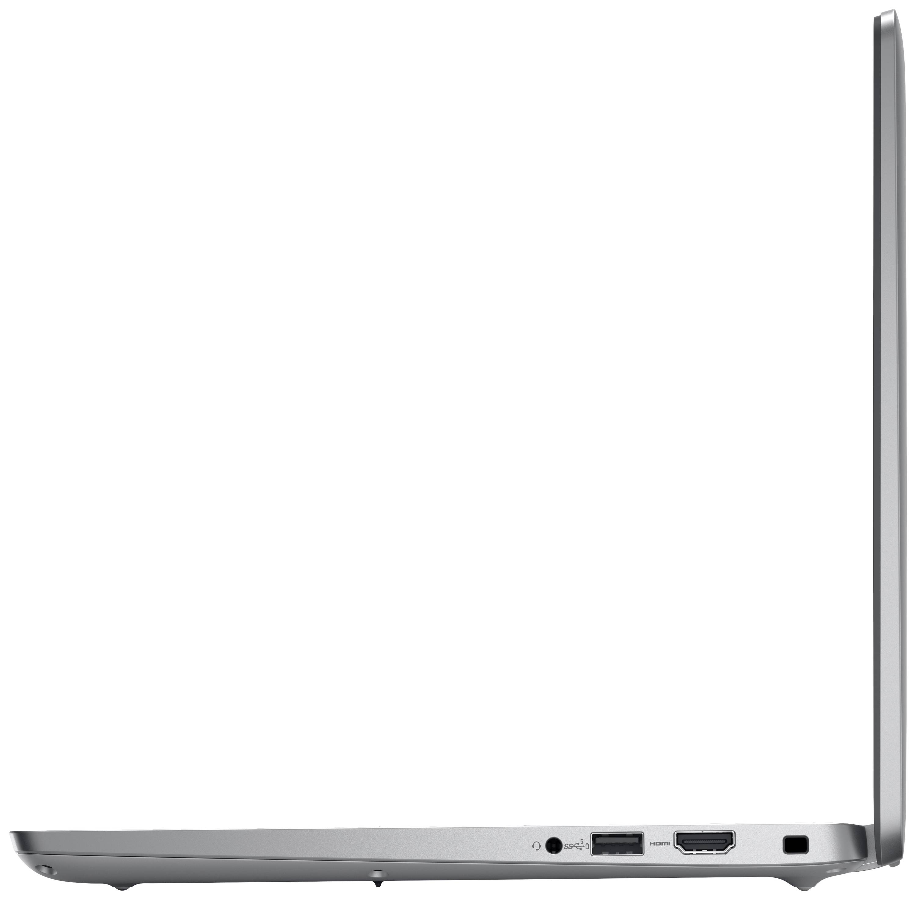 Ein seitlich gezeigter Laptop mit offenem Bildschirm, der silberfarben ist. Es sind Anschlüsse an der Seite sichtbar.