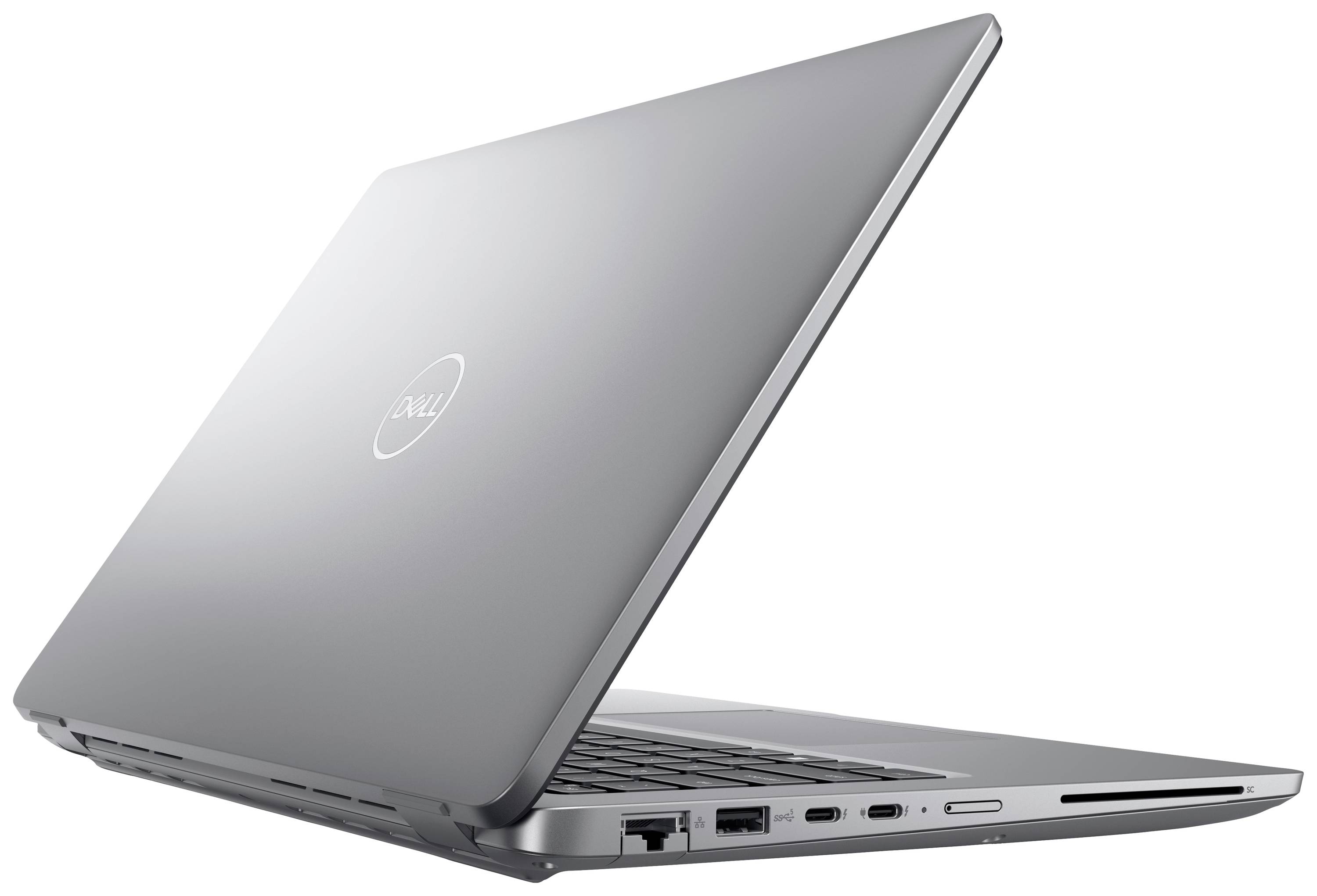 Silberner Laptop von der Seite, leicht geöffnet, mit sichtbaren Anschlüssen und dem Herstellerlogo auf dem Deckel.