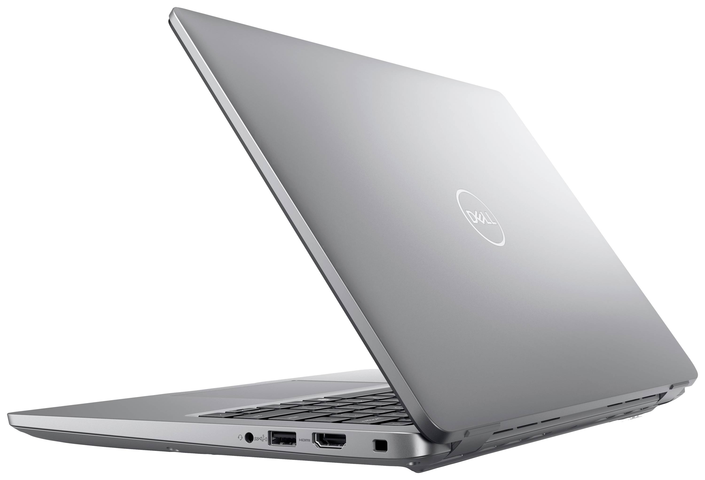 Silberner Laptop, leicht geöffnet, zeigt Anschlüsse an der Seite. Markenlogo auf dem Deckel sichtbar.