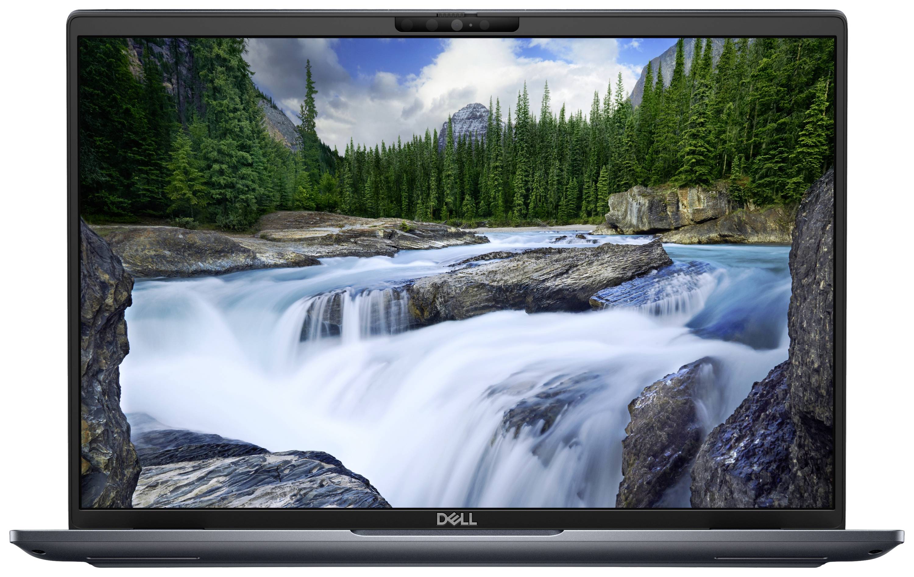 Ein Laptop mit einem Bildschirm, der einen Fluss in einer bewaldeten Berglandschaft zeigt.