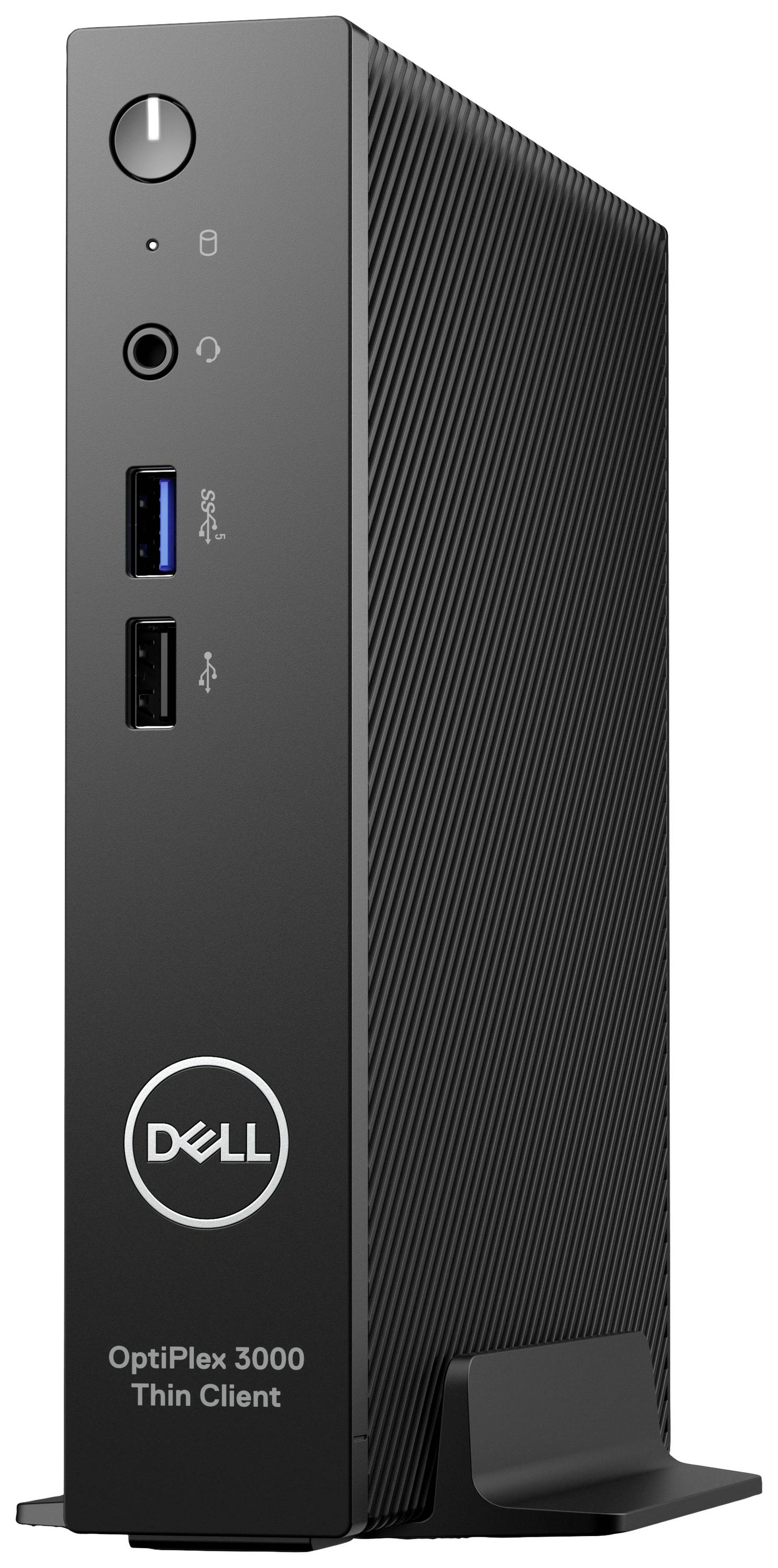 Ein schwarzer Dell OptiPlex 3000 Thin Client mit zwei USB-Anschlüssen und Audiobuchse auf der Vorderseite, stehend auf einem Ständer.