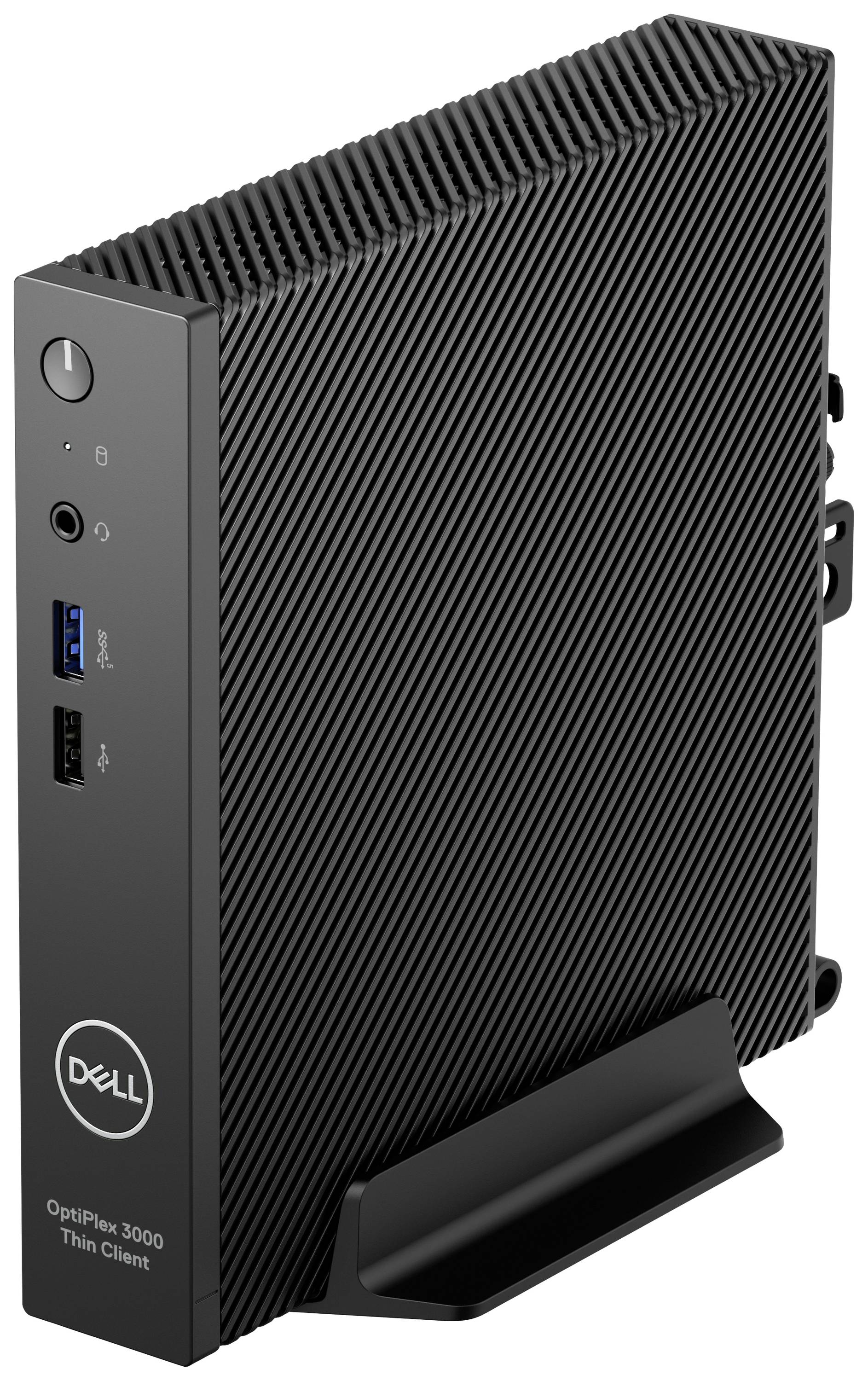 Ein schmaler, schwarzer Dell OptiPlex 3000 Thin Client auf einem Ständer, seitlich mit USB-Anschlüssen und Power-Button sichtbar.