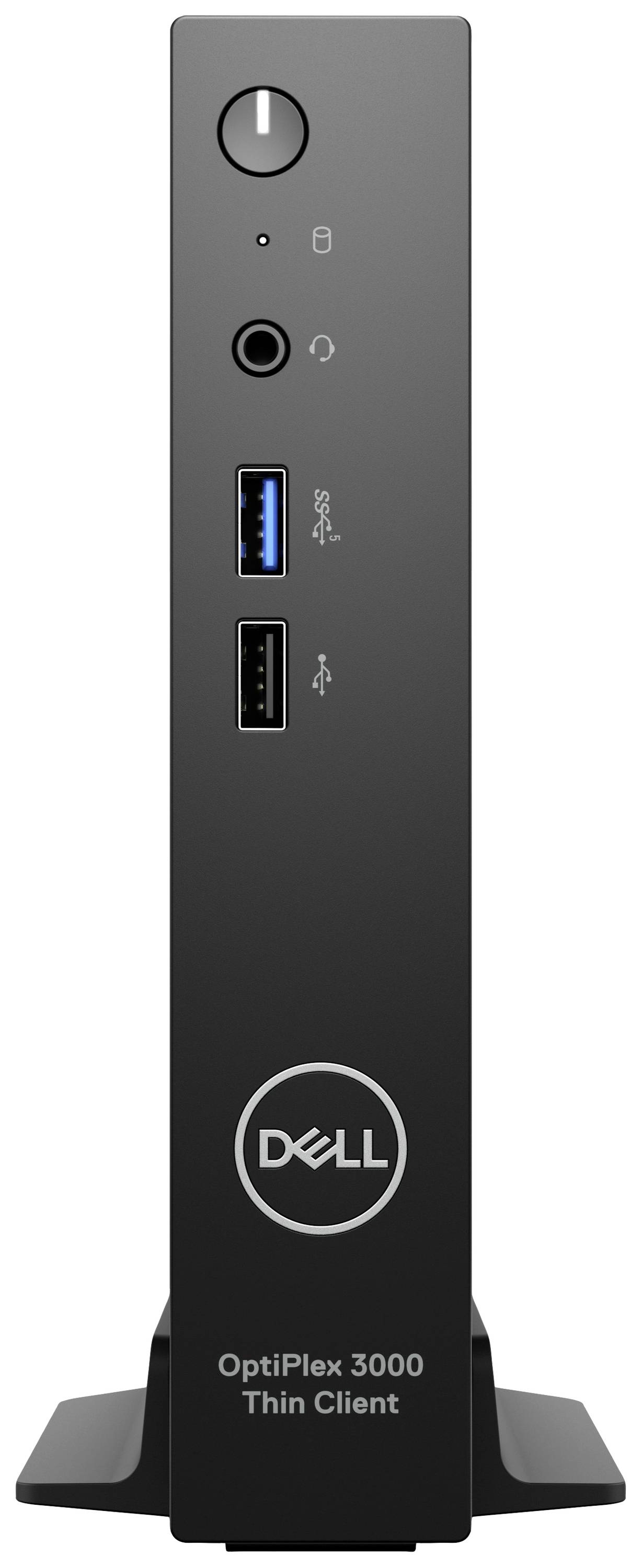 'Dell OptiPlex 3000 Thin Client' vor schwarzem Hintergrund, zeigt Frontansicht mit zwei USB-Anschlüssen, Audiobuchse und Einschaltknopf.