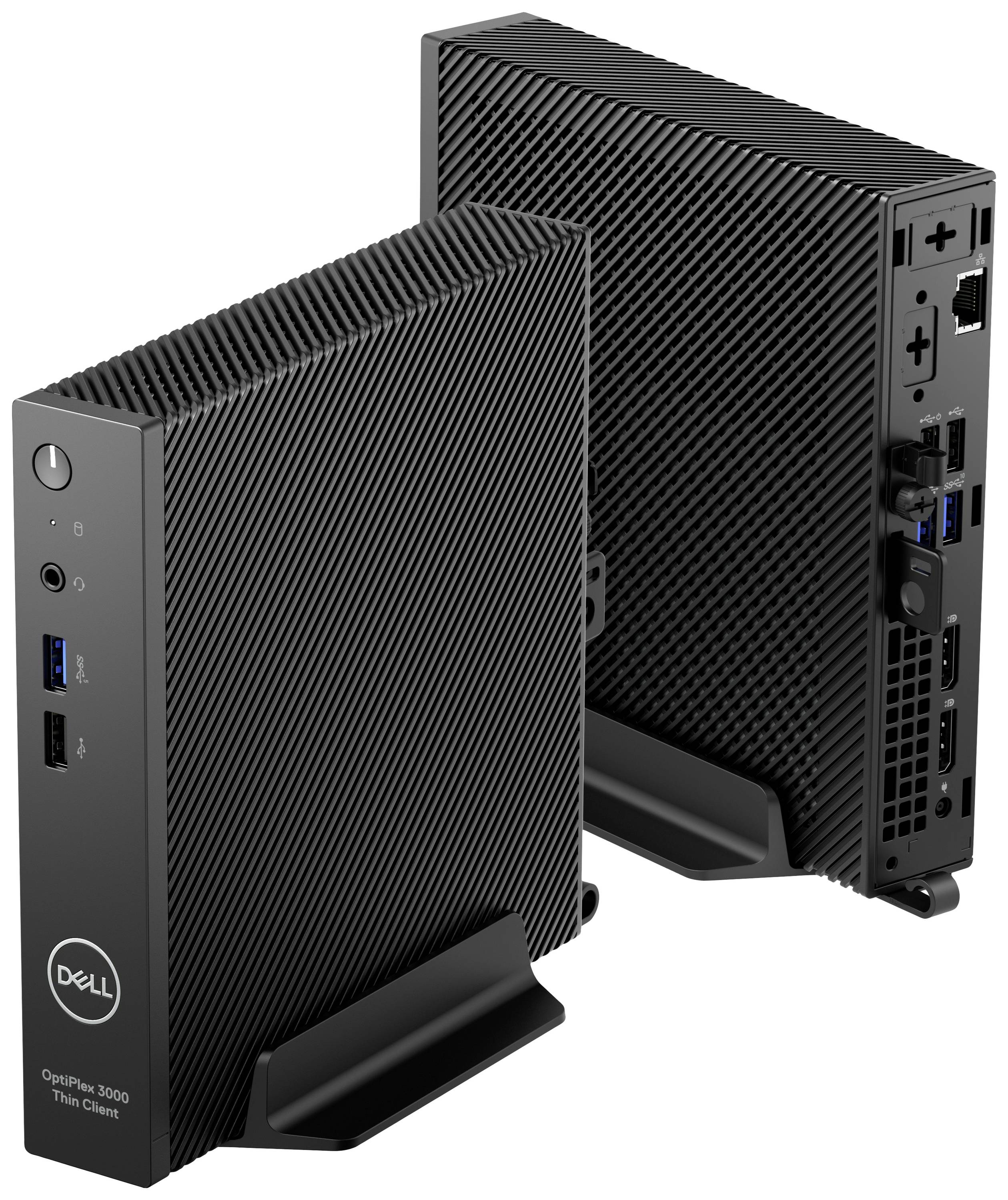 Zwei schwarze Dell OptiPlex 3000 Thin Clients in vertikaler Position. Einer zeigt die Vorderseite mit Anschlüssen, der andere die Rückseite.