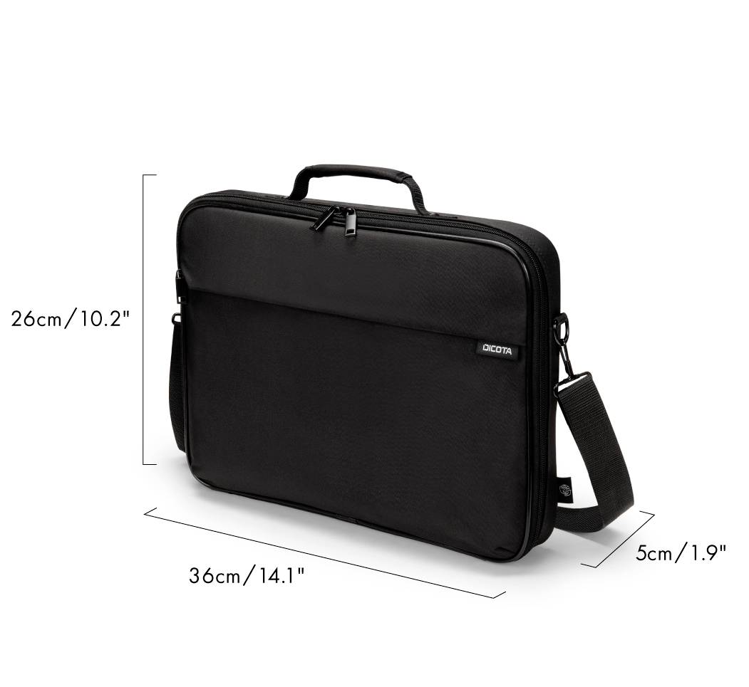 Schwarze Laptop-Tasche, 36 cm x 26 cm x 5 cm. Verstellbarer Schultergurt und Tragegriff, geeignet für Geräte bis 14,1 Zoll.