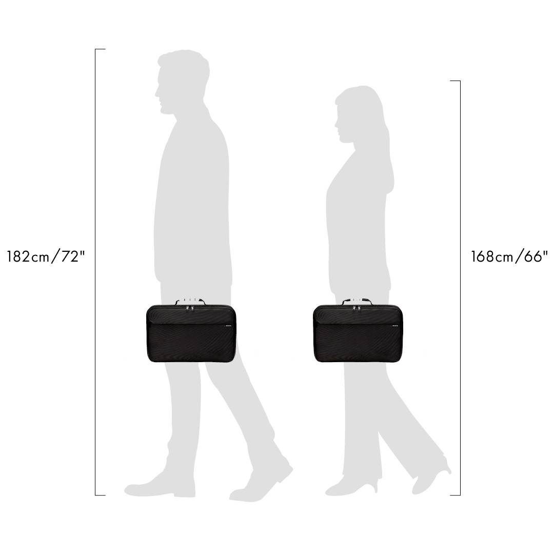 Grafik zeigt zwei Silhouetten von Personen mit verschiedenen Größen, 182 cm und 168 cm, die eine schwarze Tasche tragen.