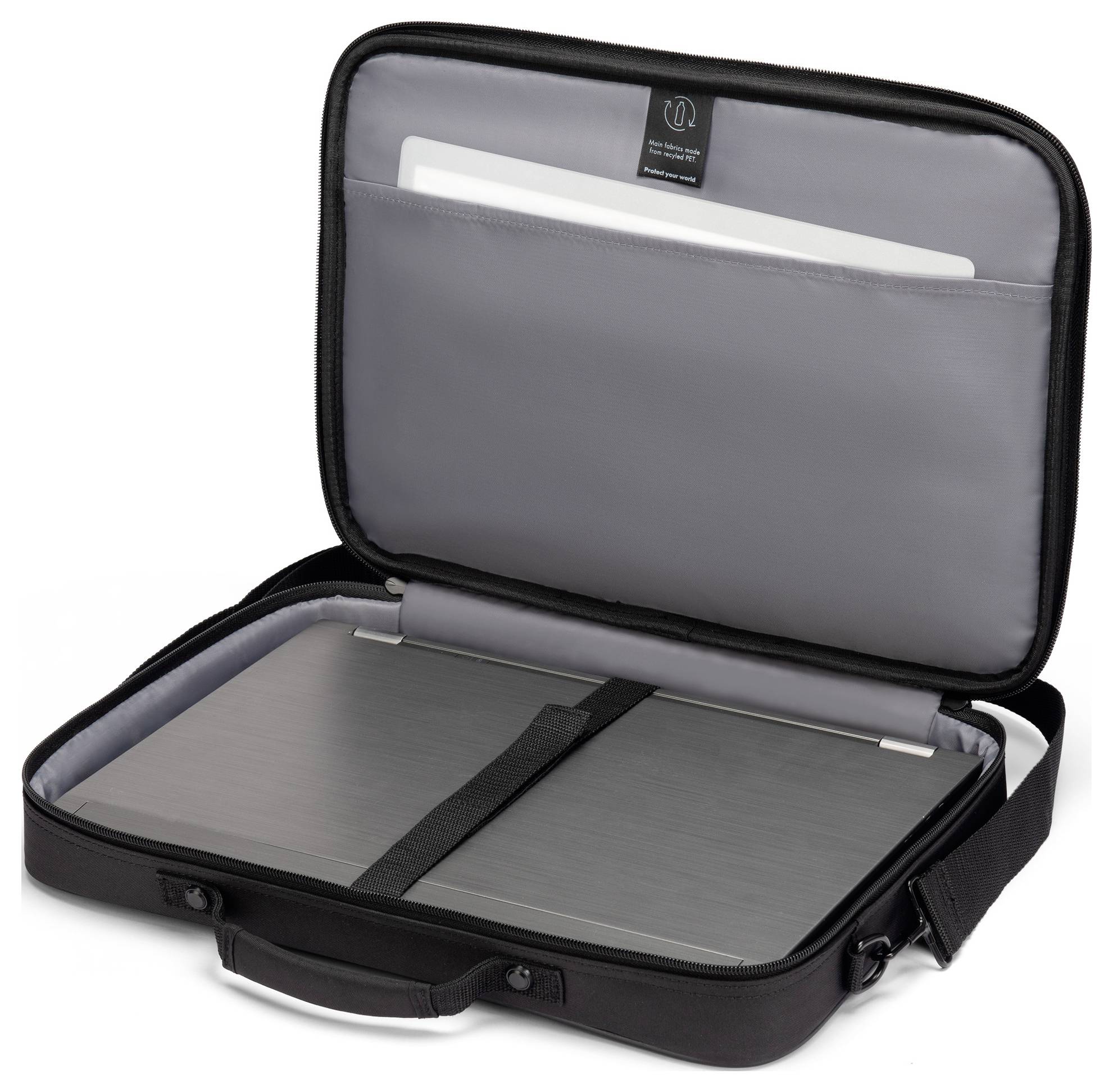 Offene schwarze Laptoptasche mit grauem Innenfutter, in der ein Laptop und ein weißes Tablet sicher nebeneinander verstaut sind.