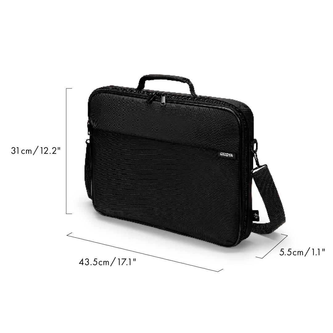 Schwarze Laptoptasche mit Reißverschluss und Tragegriff. Maße: 31 cm x 43,5 cm x 5,5 cm (12,2