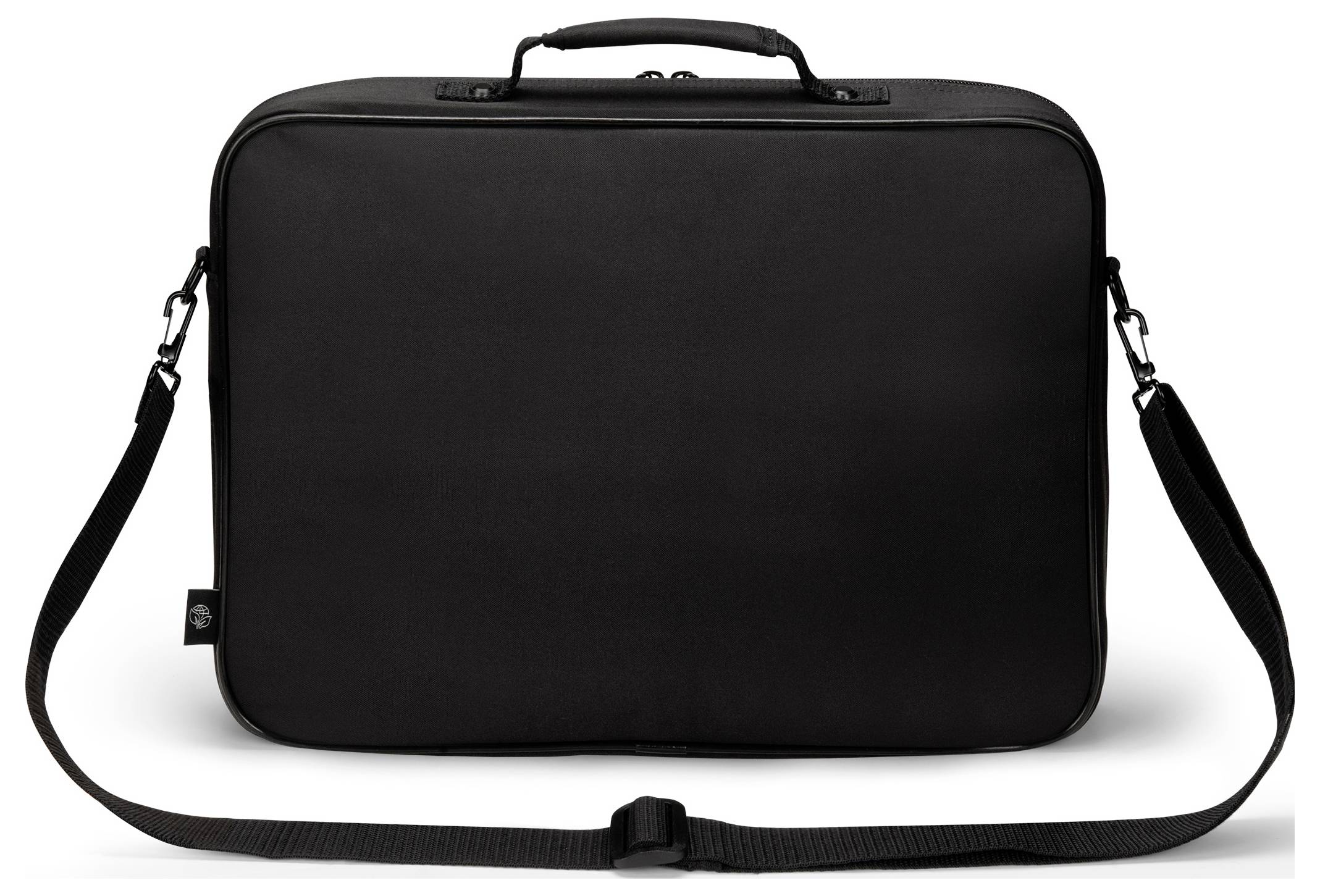 Schwarze Laptoptasche mit Schulterriemen, Frontansicht.