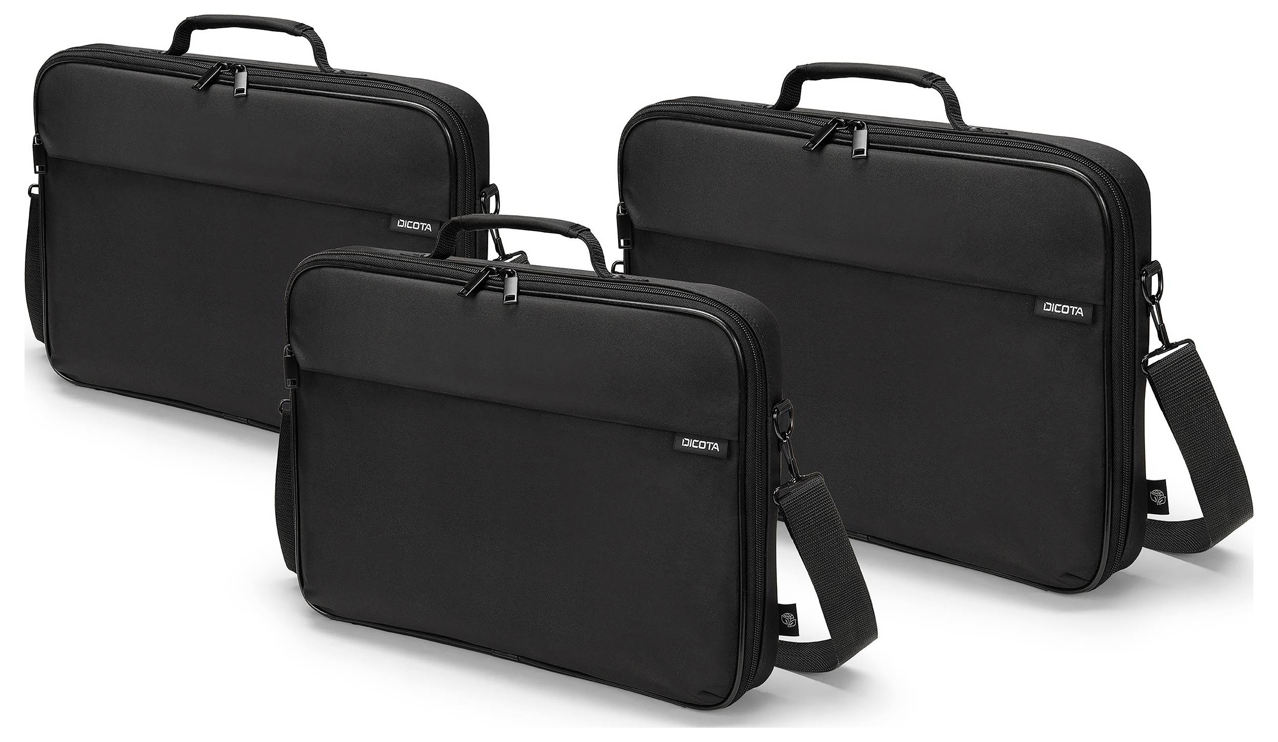 Drei schwarze Laptoptaschen mit Griffen und abnehmbaren Schultergurten, nebeneinander aufgestellt.