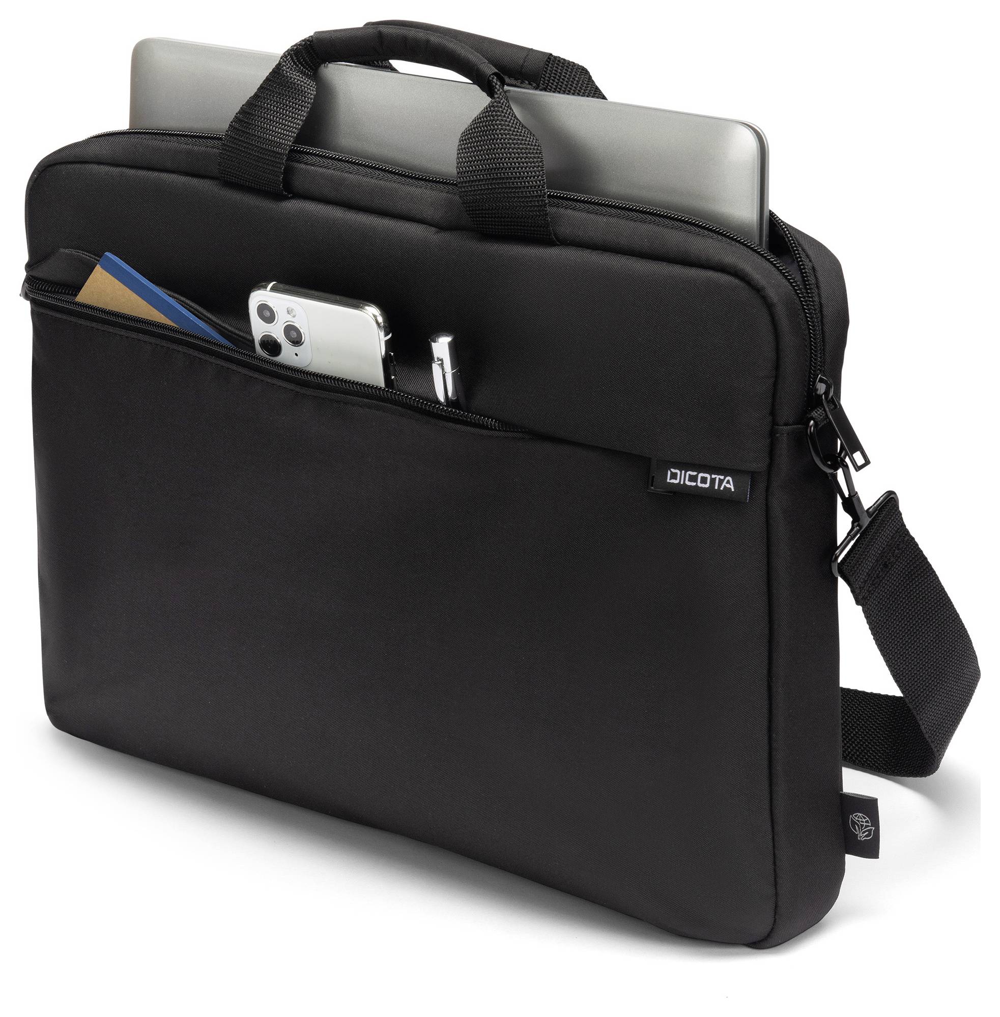 Schwarze Laptoptasche mit verstellbarem Schultergurt, Vordertasche mit Smartphone, Stiften und Notizbuch, geöffnet für Laptop.