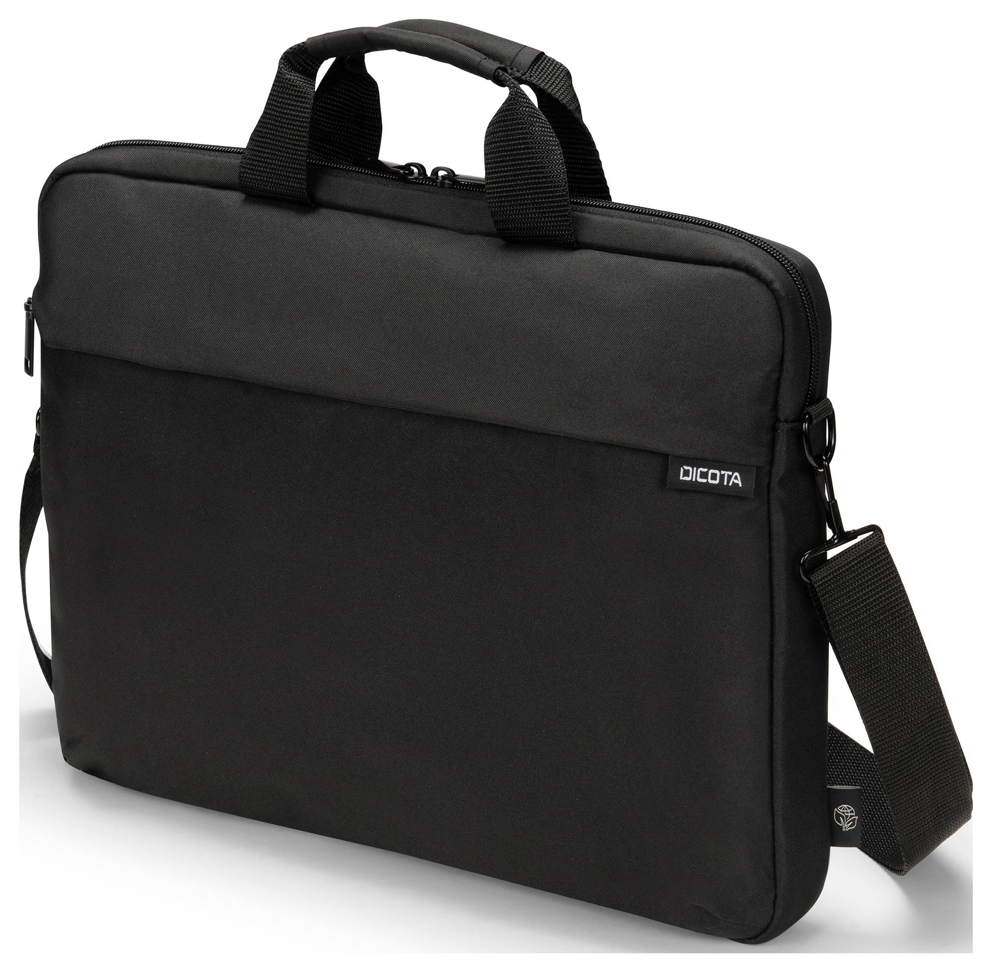 Schwarze Laptoptasche mit Tragegriff und Schulterriemen. Die Tasche ist schlicht gestaltet und dient dem sicheren Transport eines Laptops.