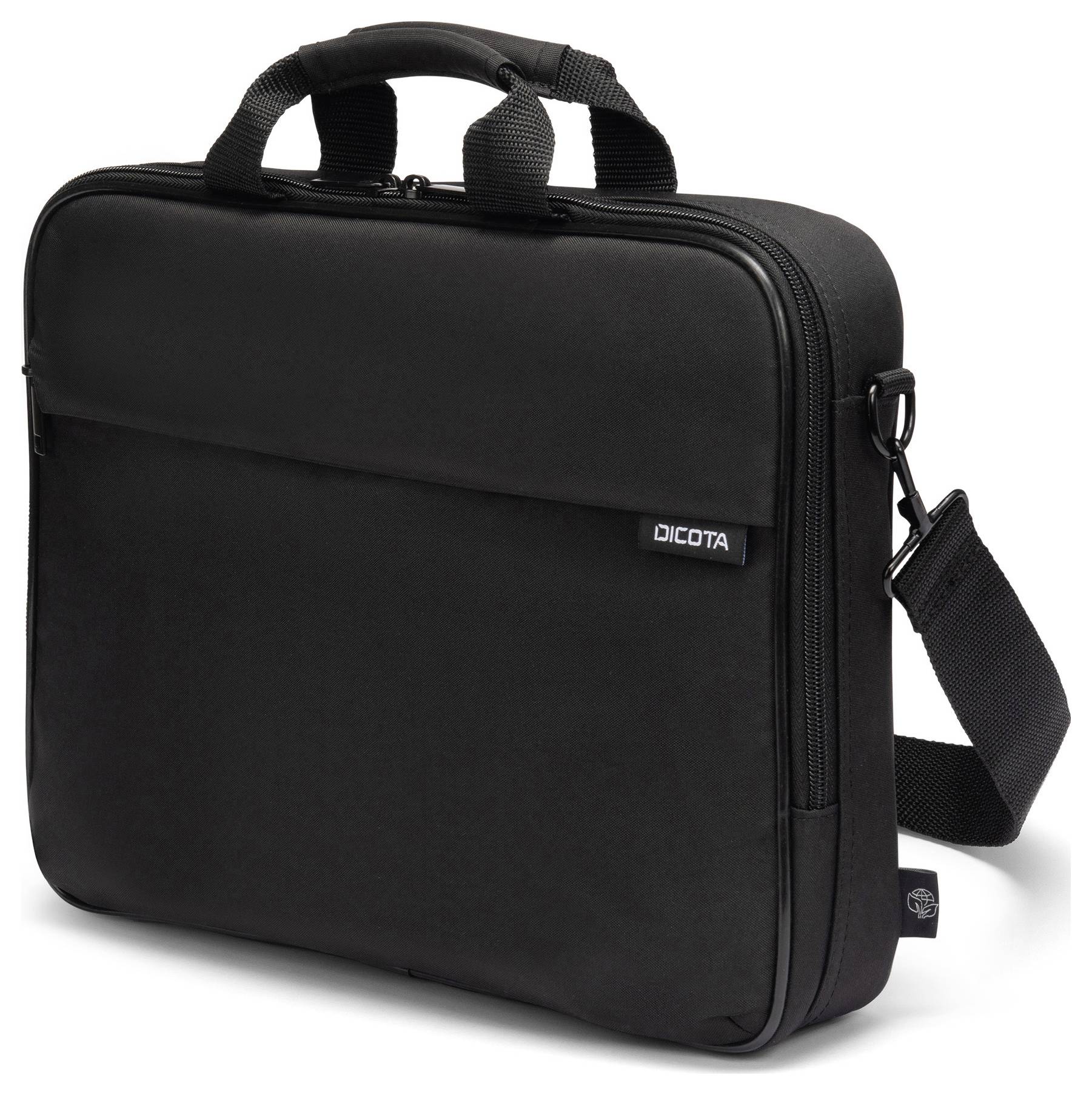 Schwarze Laptoptasche mit Tragegriffen und abnehmbarem Schultergurt. Die Tasche hat ein schlichtes Design und eine Außentasche.