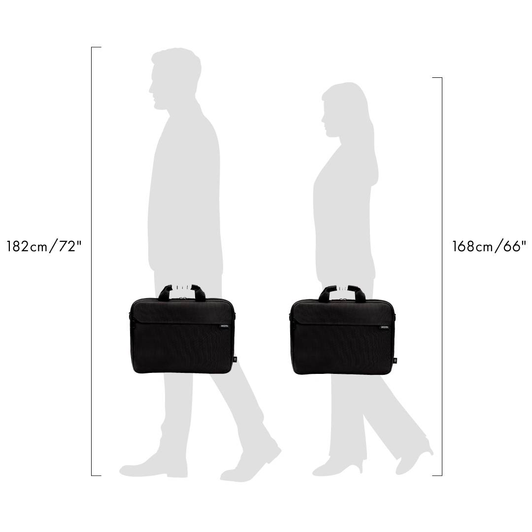 Schattenumrisse von zwei Personen mit Höhenangaben: links 182 cm, rechts 168 cm. Beide tragen eine schwarze Aktentasche.