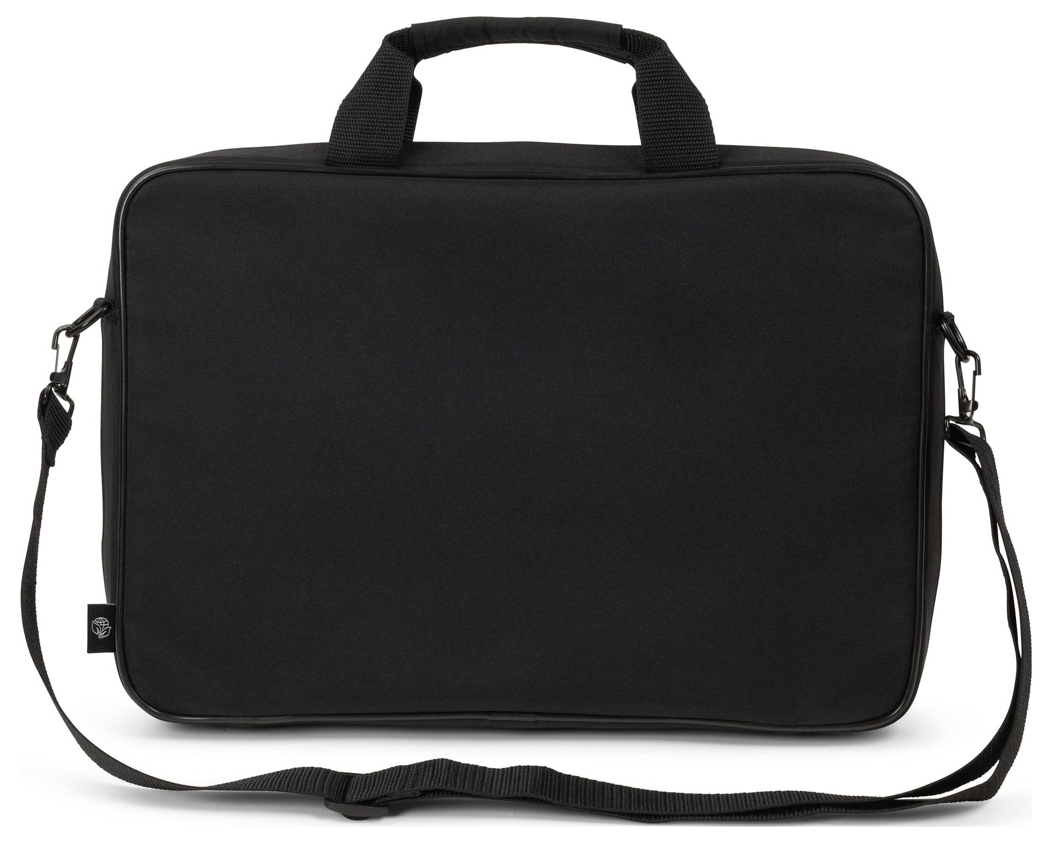 Schwarze Laptoptasche mit Tragegriff und Schulterriemen, Vorderansicht.