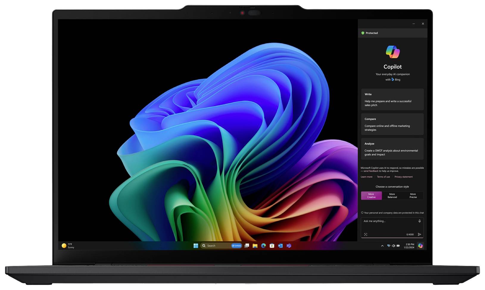 Schwarzer Laptop mit Bildschirm, der ein buntes, abstraktes Muster zeigt. Rechts ist ein Fenster mit einem Software-Beschreibungsfeld geöffnet.