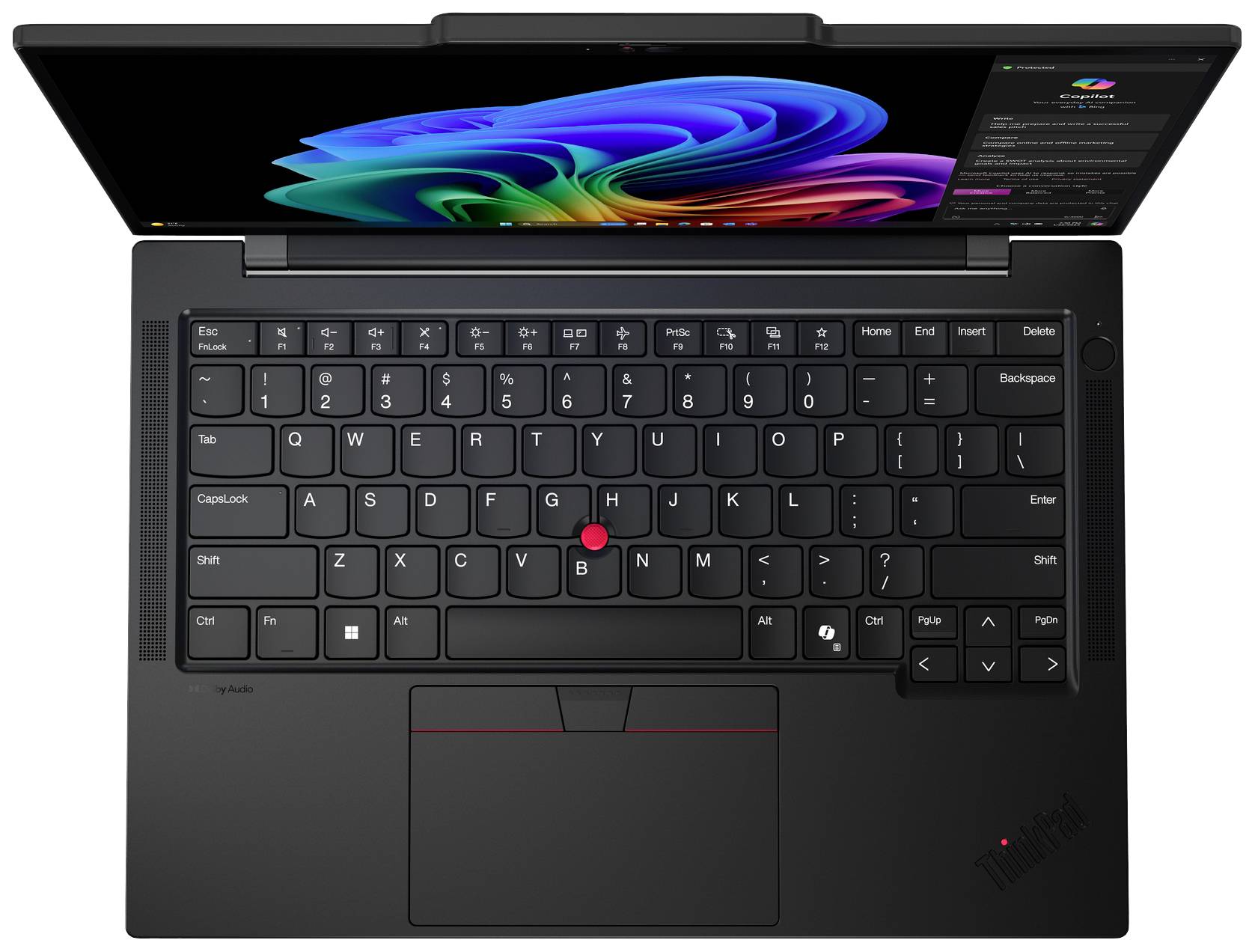 Ein geöffneter Laptop mit einer vollständigen Tastatur und einem bunten Bildschirm, der ein Farbspektrum anzeigt.