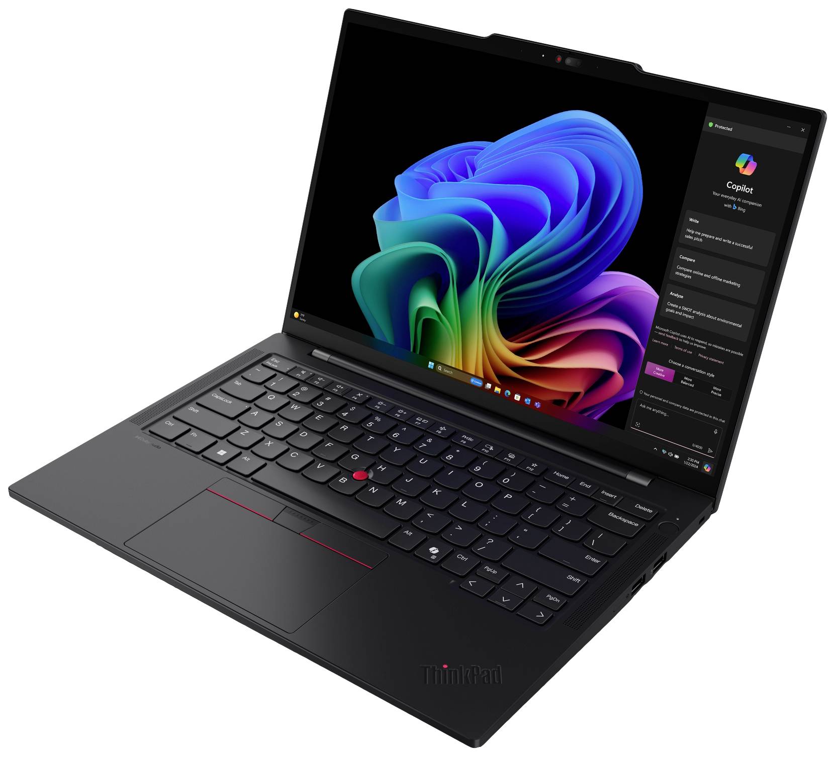 Ein moderner Laptop mit geöffnetem Bildschirm zeigt ein buntes, abstraktes Hintergrundbild und eine Benutzeroberfläche auf der rechten Seite.