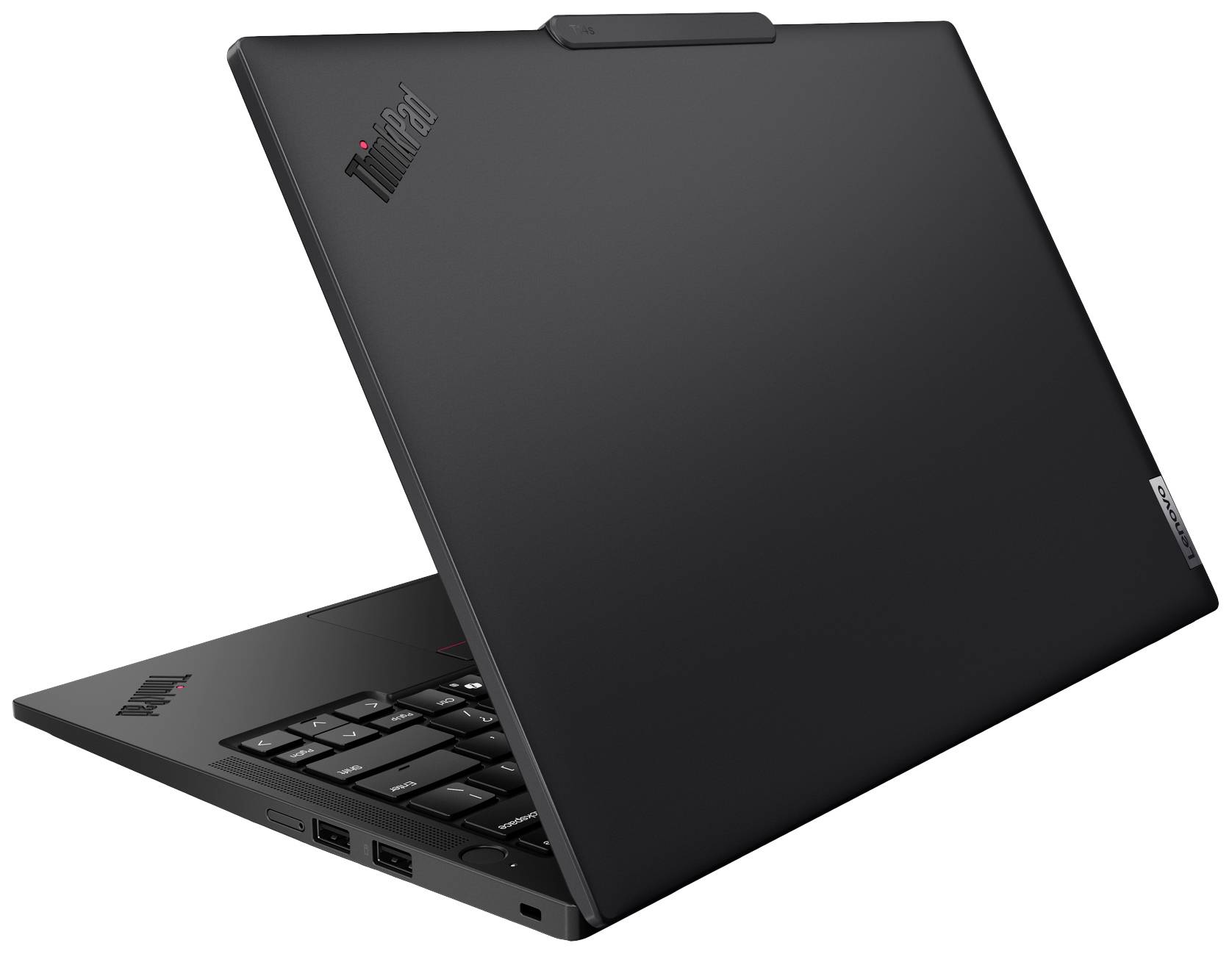 Ein schwarzer Laptop mit leicht geöffnetem Deckel zeigt die Rückseite des Bildschirms und die Tastatur. Einige Anschlüsse sind sichtbar.