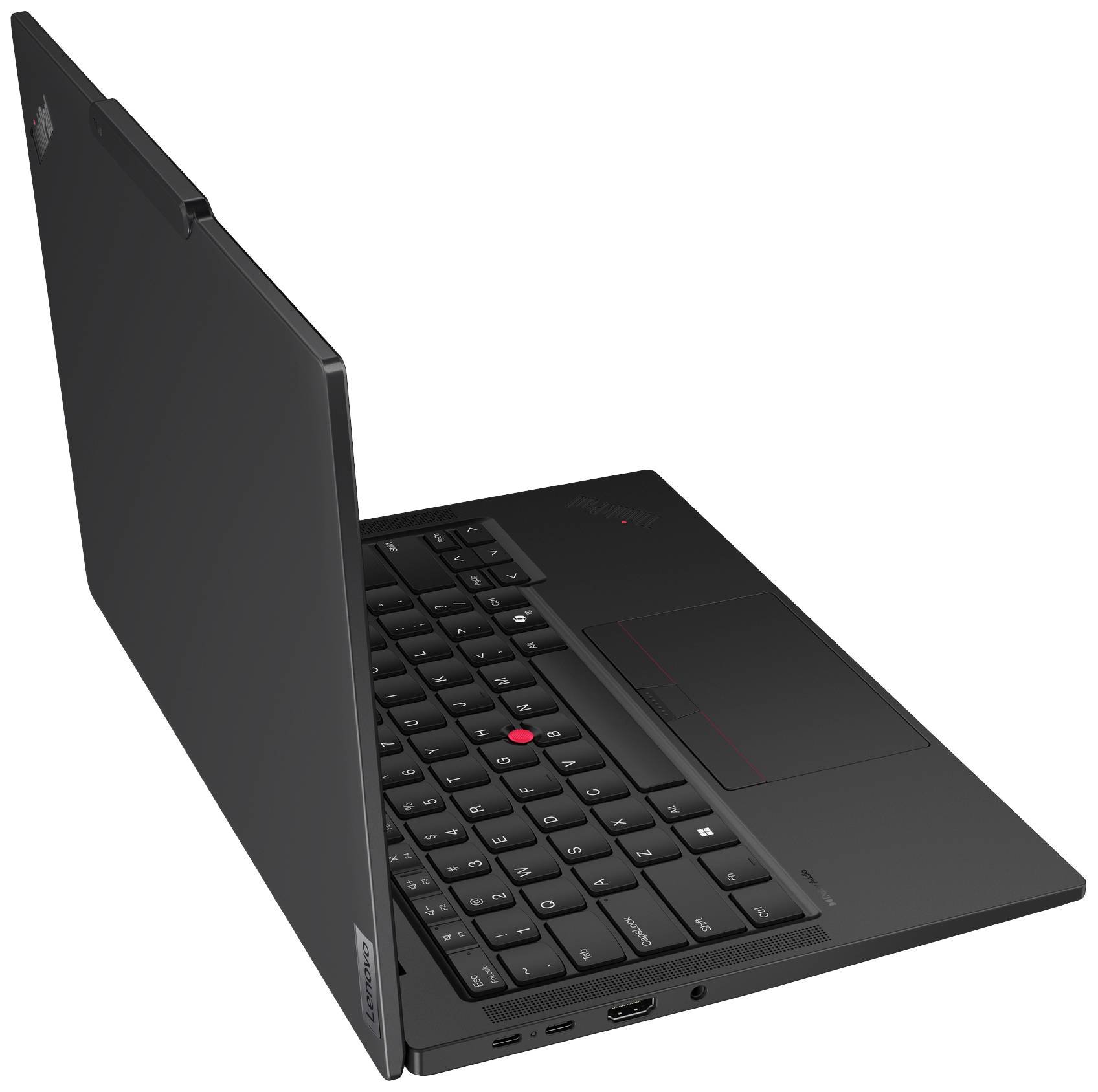 Ein halbgeöffnetes schwarzes Laptop mit hervorgehobener Tastatur und rotem Trackpoint. Links ist ein USB-C Anschluss sichtbar.