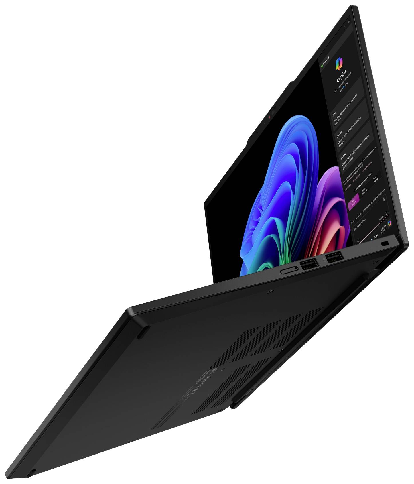 Ein schwarzer Laptop in aufgeklapptem Zustand mit buntem Bildschirm, der seitlich schwebt; zeigt technologische Eleganz.